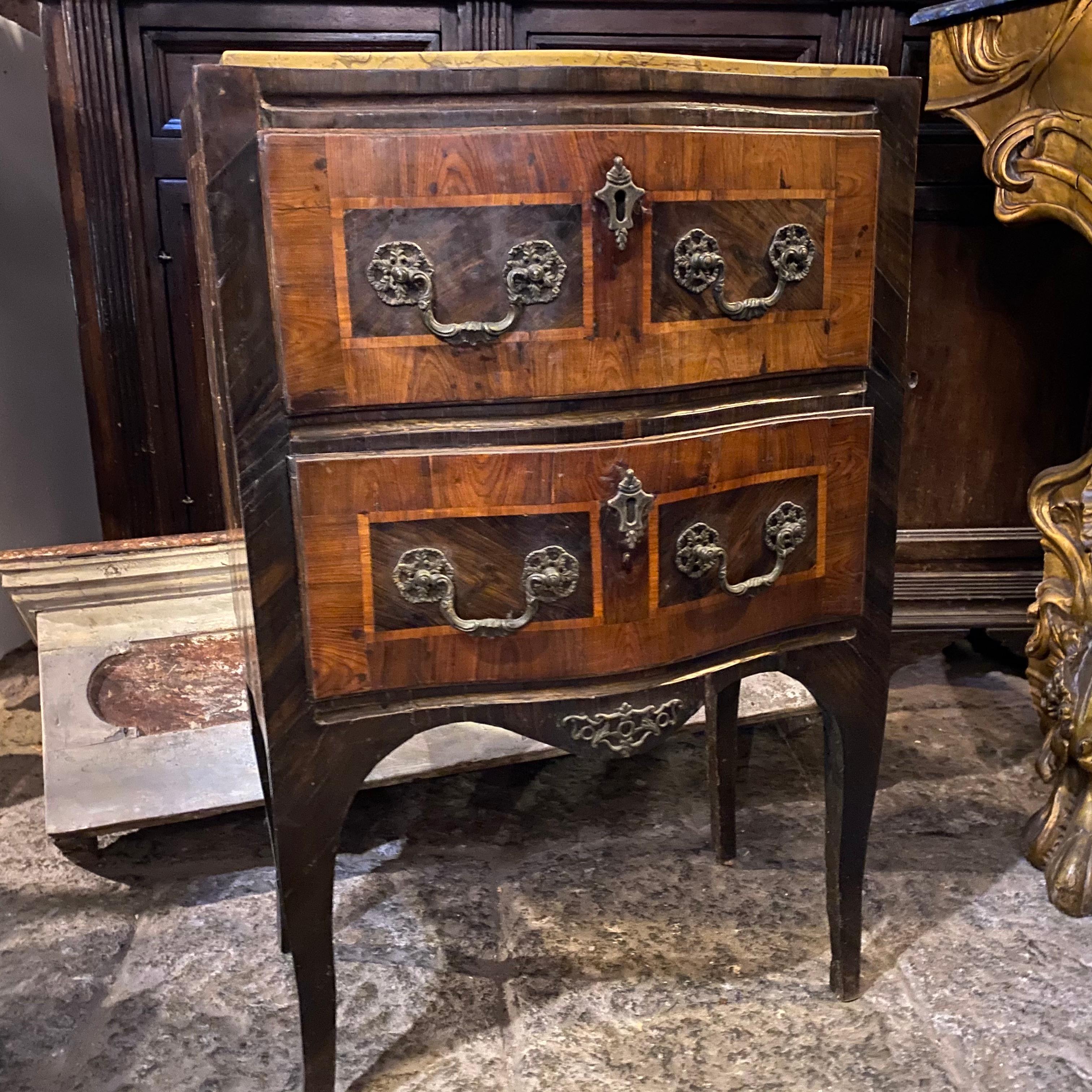 An original Italian fruitwood small dresser in original patina and conditions, yellow Siena marble on the top.