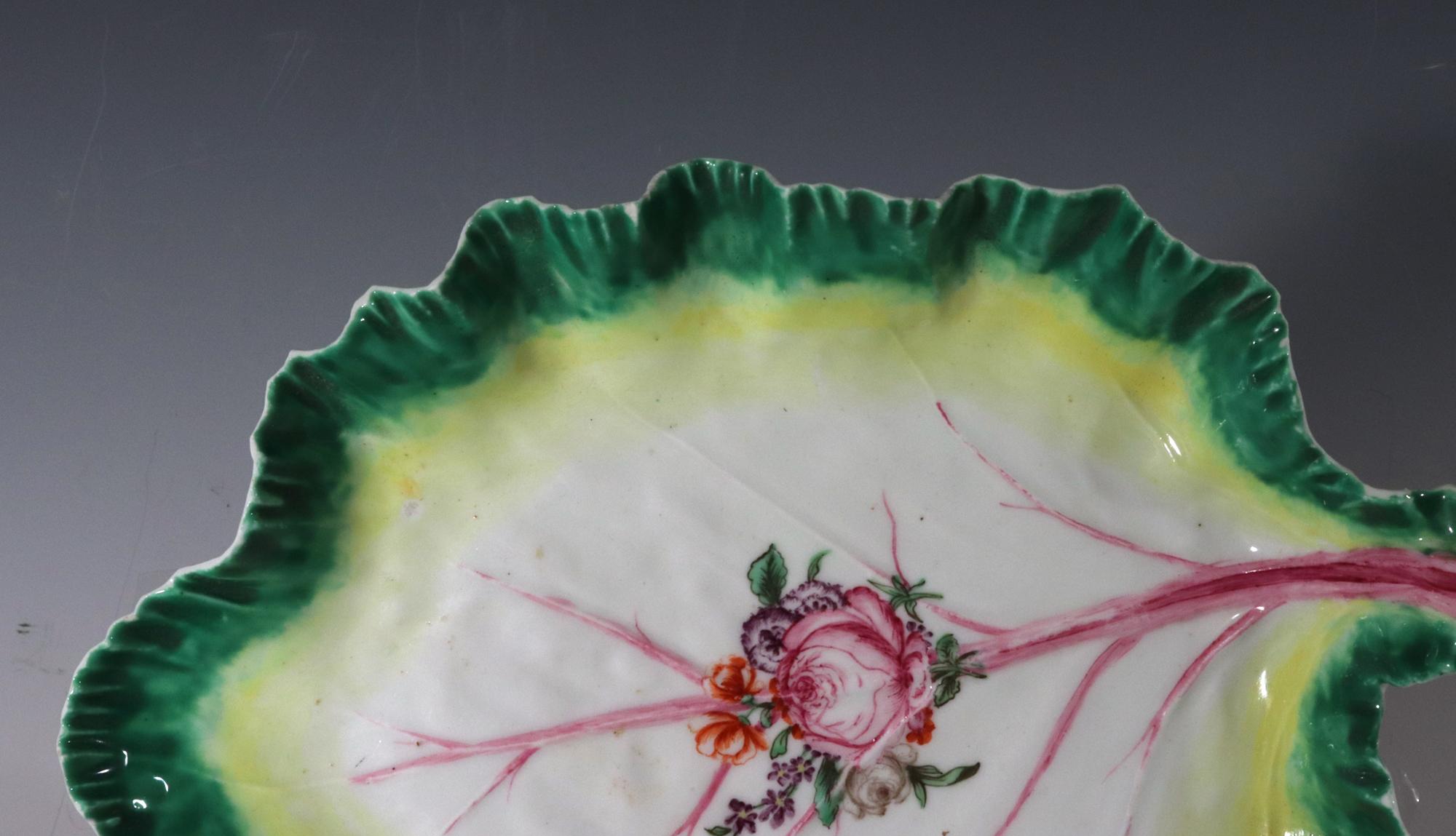 English Mid-18th Century Chelsea Porcelain Tromp L'oeil Leaf Dish with Flowers For Sale