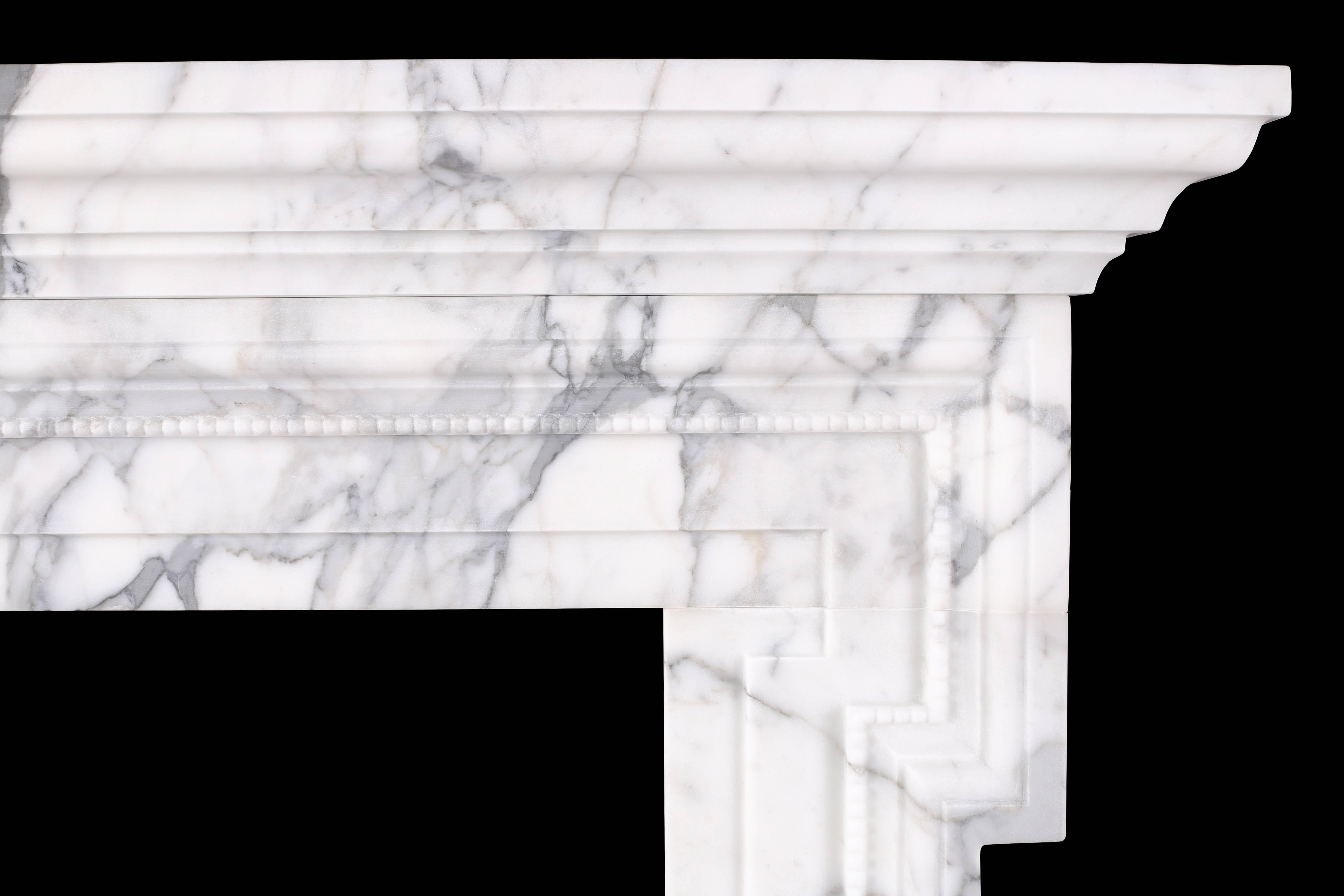 A mid-18th century chimneypiece Bolection with shelf in Italian white statuary marble

Depth: 8 in (200mm)
External Height: 48 in (1220mm)
External Width: 64 in (1625mm)
Internal Height: 36 in (915mm)
Internal Width: 37 in (940mm)

Stock No: