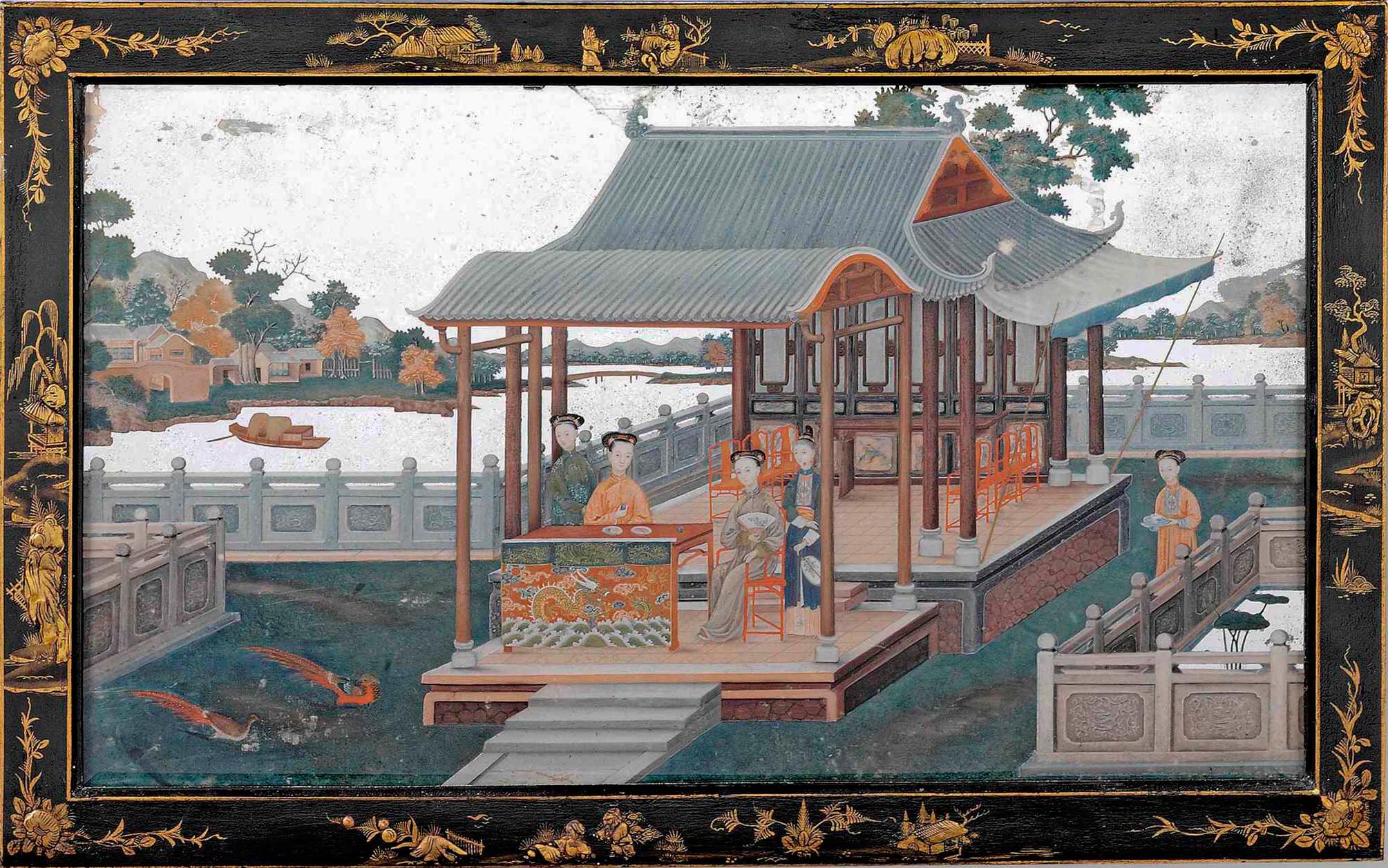A fine quality and rare mid-18th century export beveled mirror painting, depicting ladies taking tea in a pagoda, the background with a river, buildings and mountainous landscape, set in its original black and gilt japanned frame.


English,