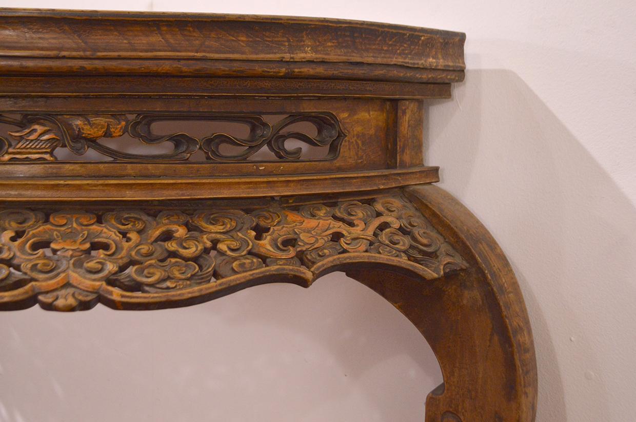 Carved Mid-18th Century Chinese Half Moon Table in Northern Elm For Sale