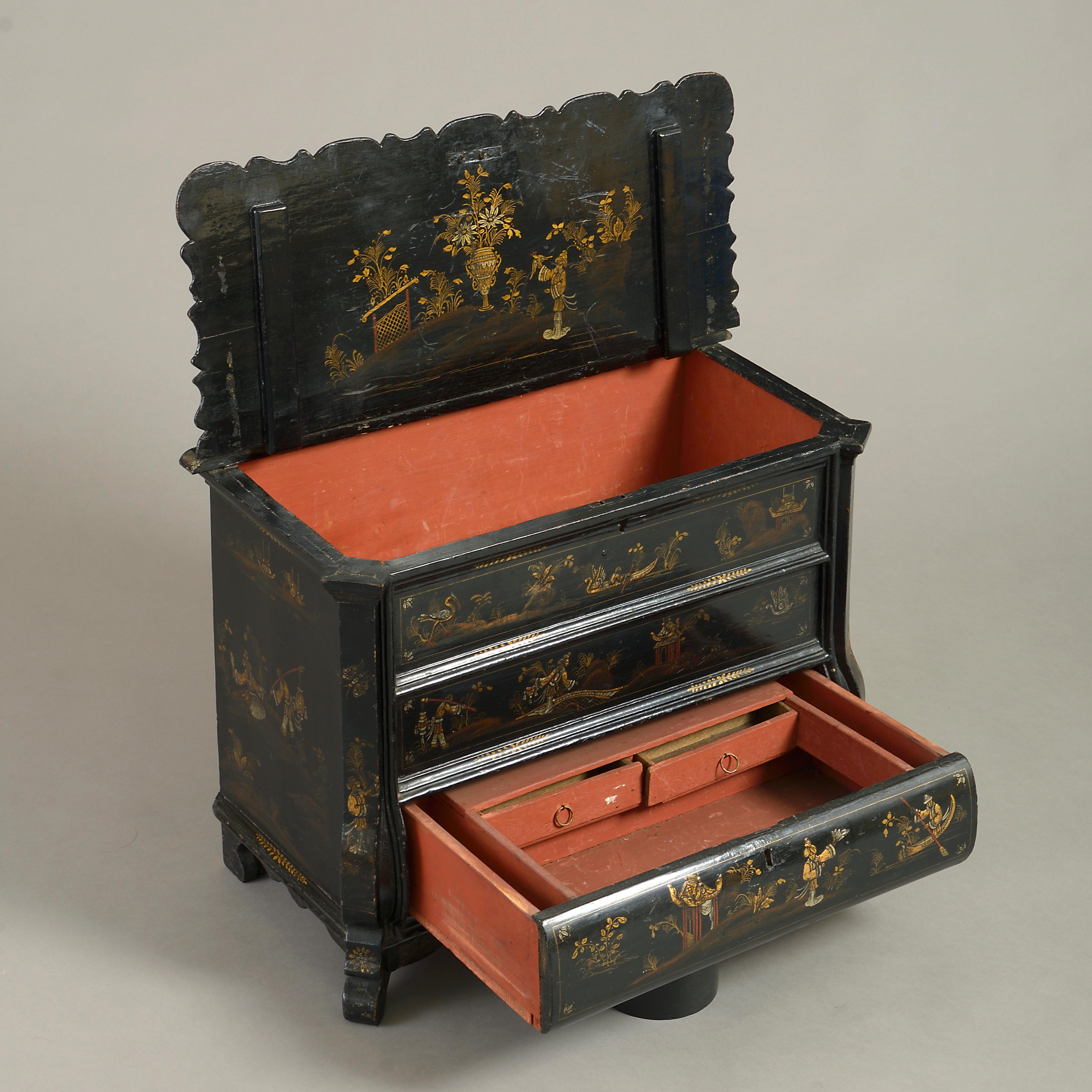 Gilt Mid-18th Century Chinoiserie Black Japanned Work Box