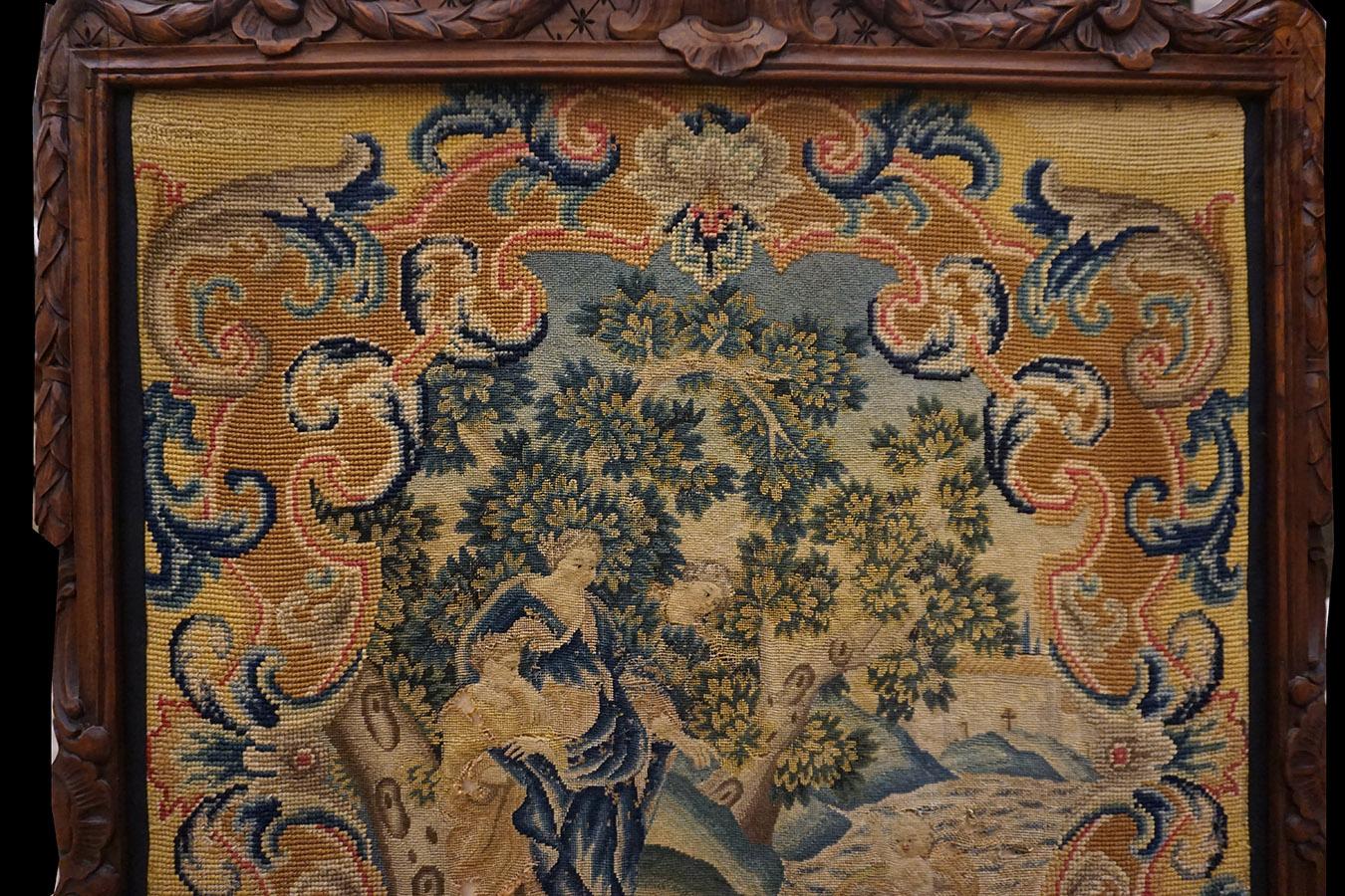 Puntaspilli biblico inglese della metà del XVIII secolo con la storia di Mosè trovato da Bithiah nel Nilo.