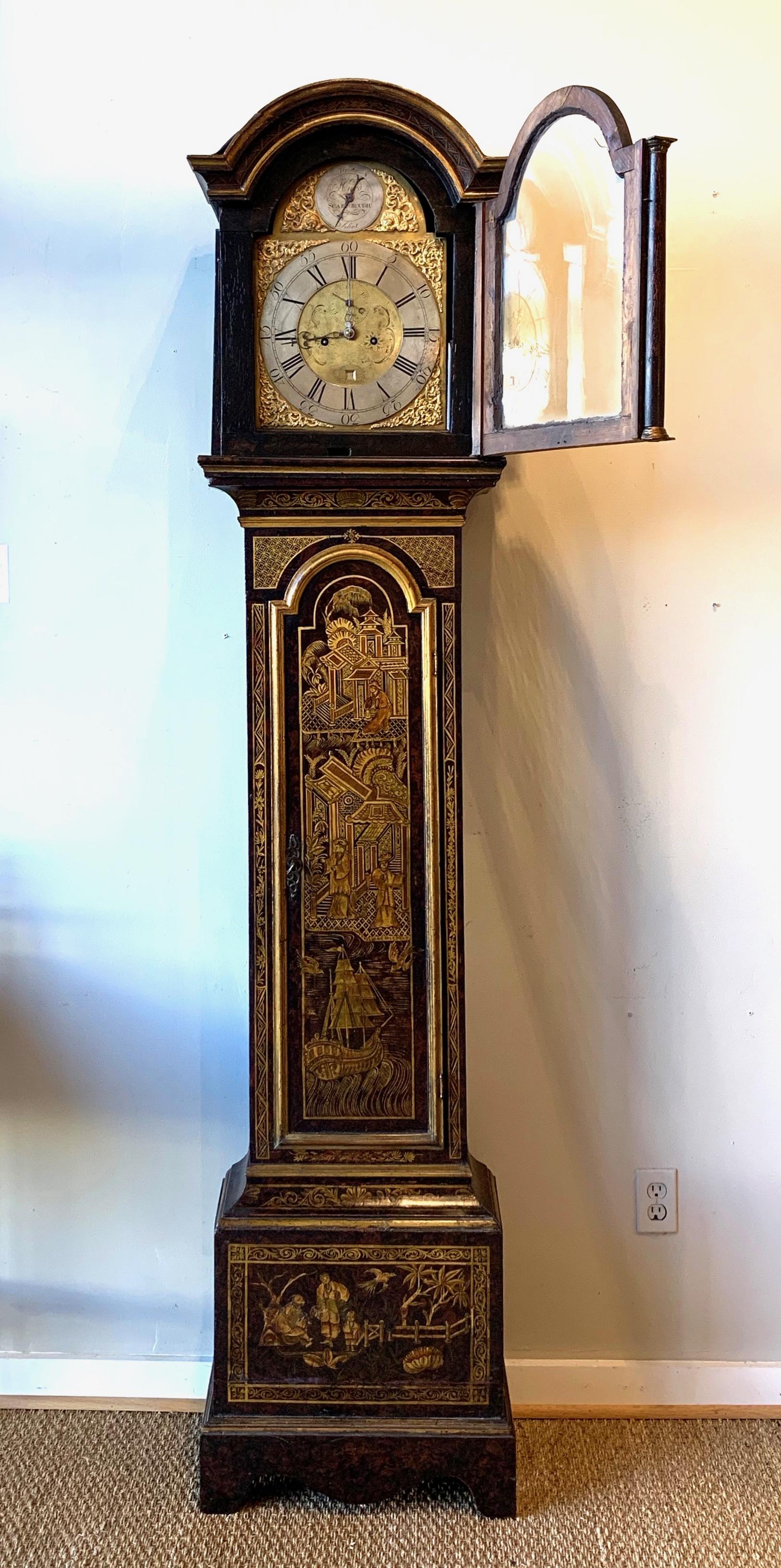 An elegant and imposing mid-18th century. English tall case clock, having second hand and day of the month complications with rare faux tortoise, chinoiserie decorated case signed possibly 
