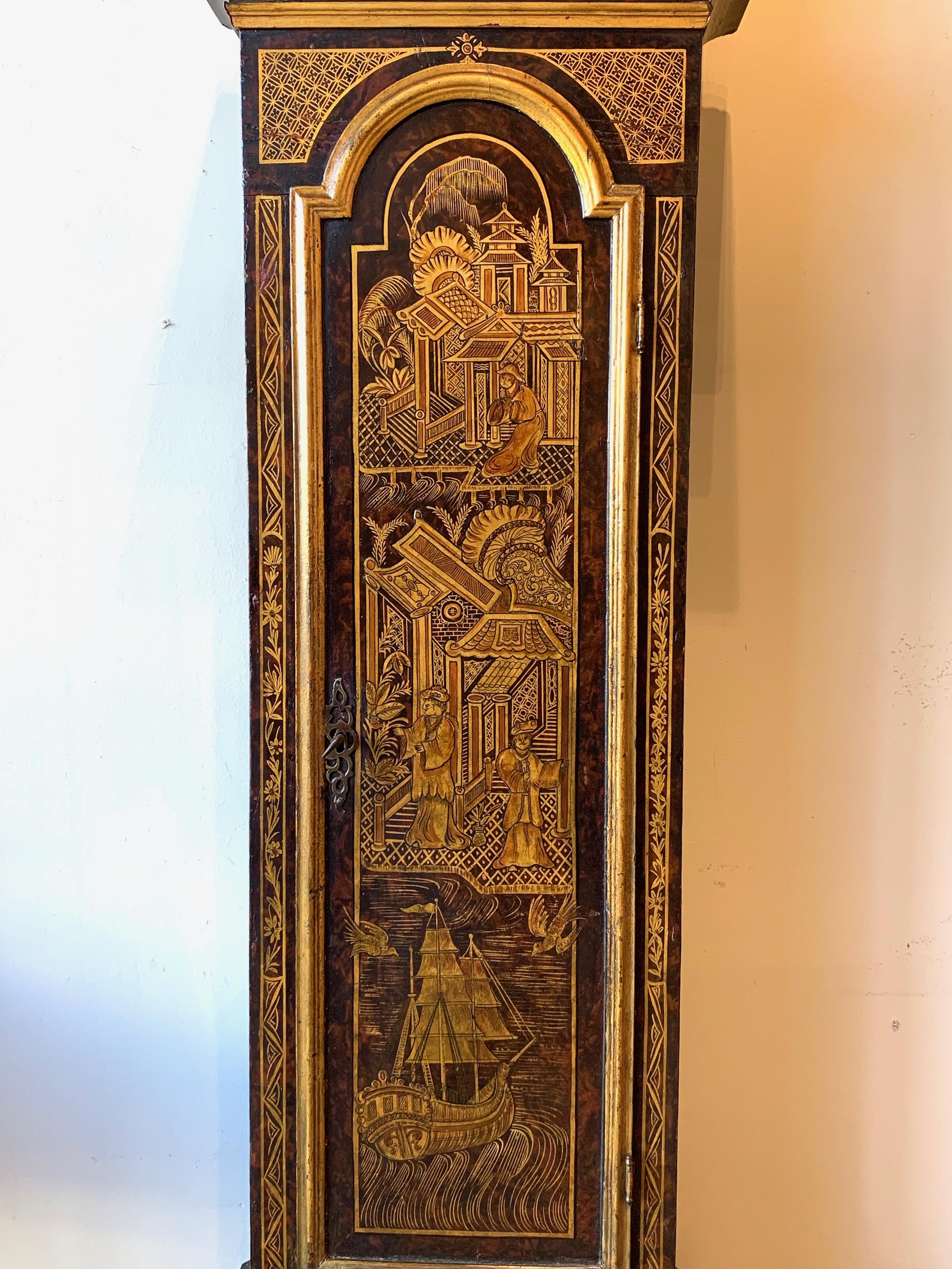 Mid-18th Century English Chinoiserie Decorated Tall Case Clock 1
