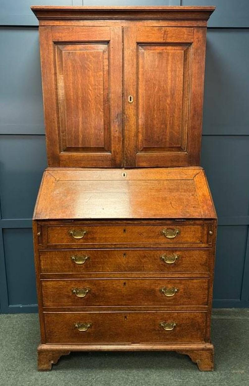 Mid-18th Century English Chippendale Two Part Oak Secretary with Brass Hardware For Sale 4