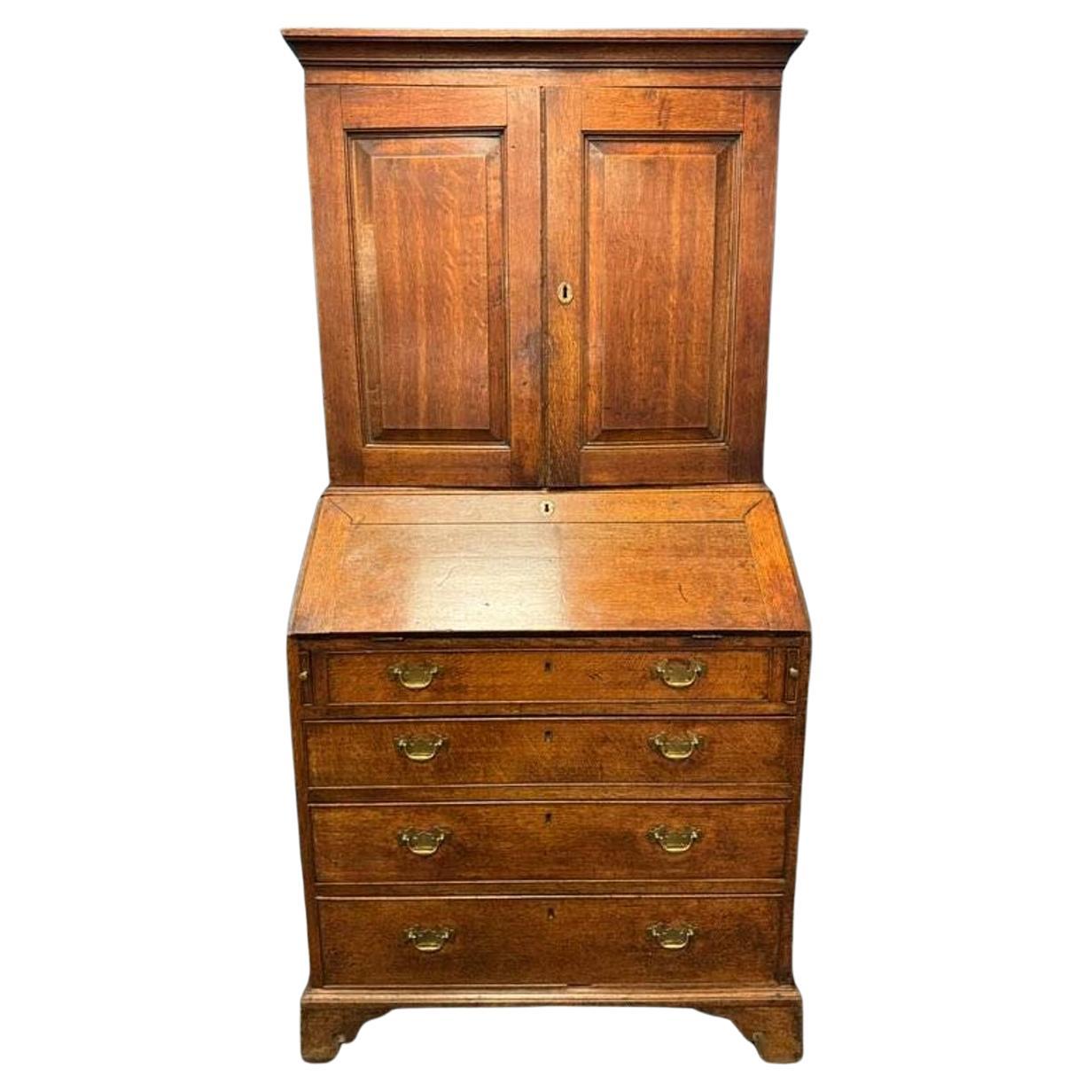 Mid-18th Century English Chippendale Two Part Oak Secretary with Brass Hardware For Sale
