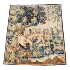 Tapisserie murale pastorale d'Aubusson du milieu du XVIIIe siècle avec personnages et château