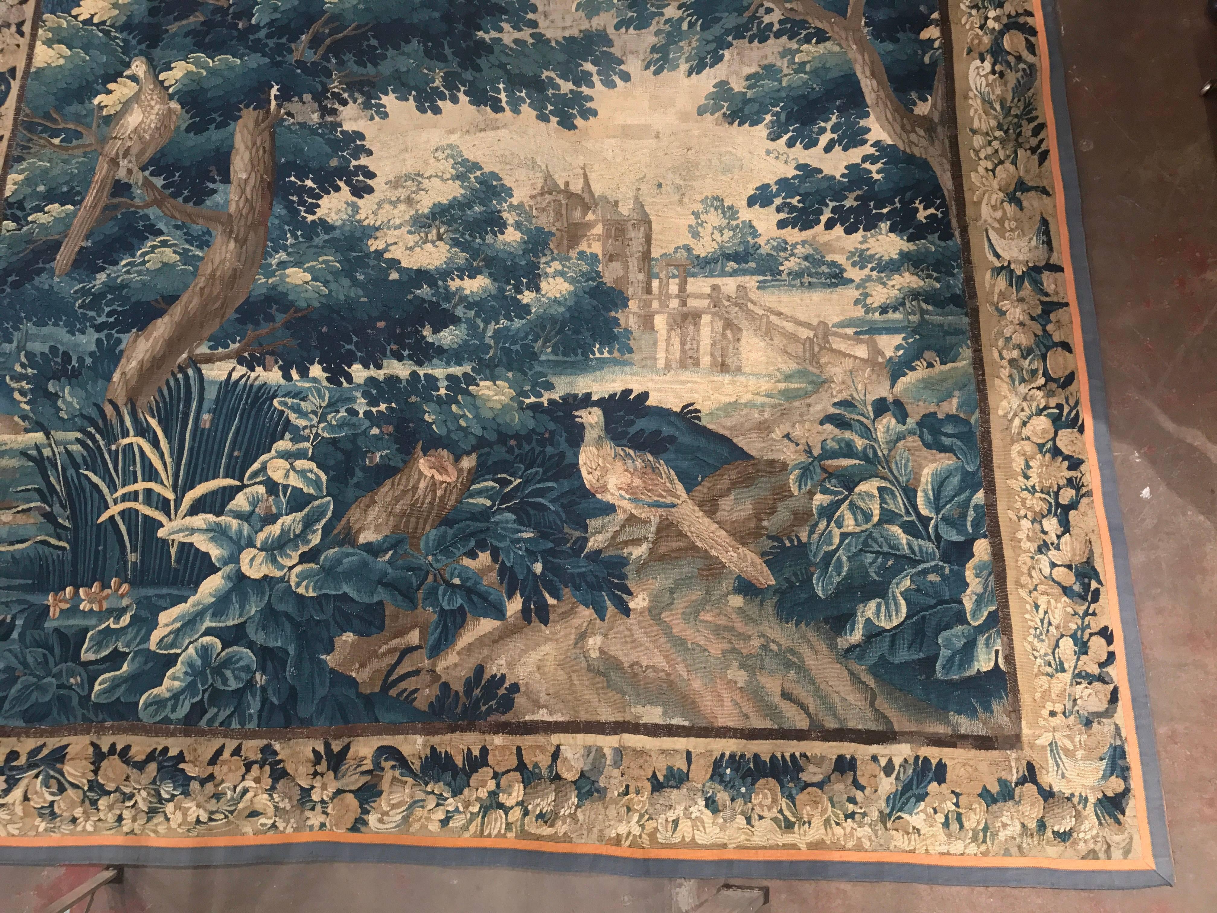 Mid-18th Century French Aubusson Verdure Tapestry with Trees, Birds and Castle In Excellent Condition In Dallas, TX