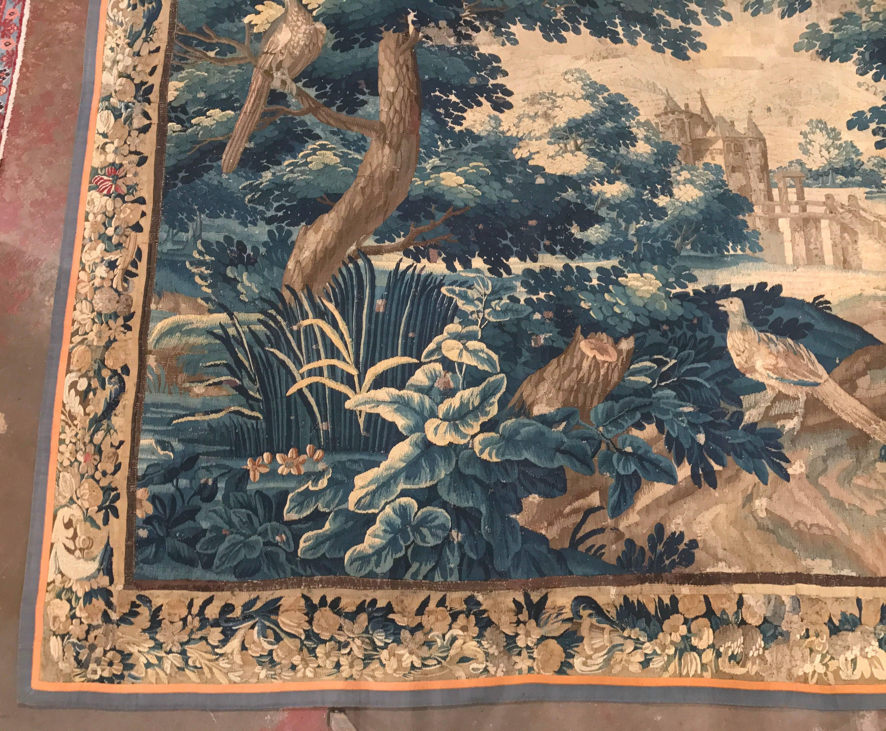 Mid-18th Century French Aubusson Verdure Tapestry with Trees, Birds and Castle 3
