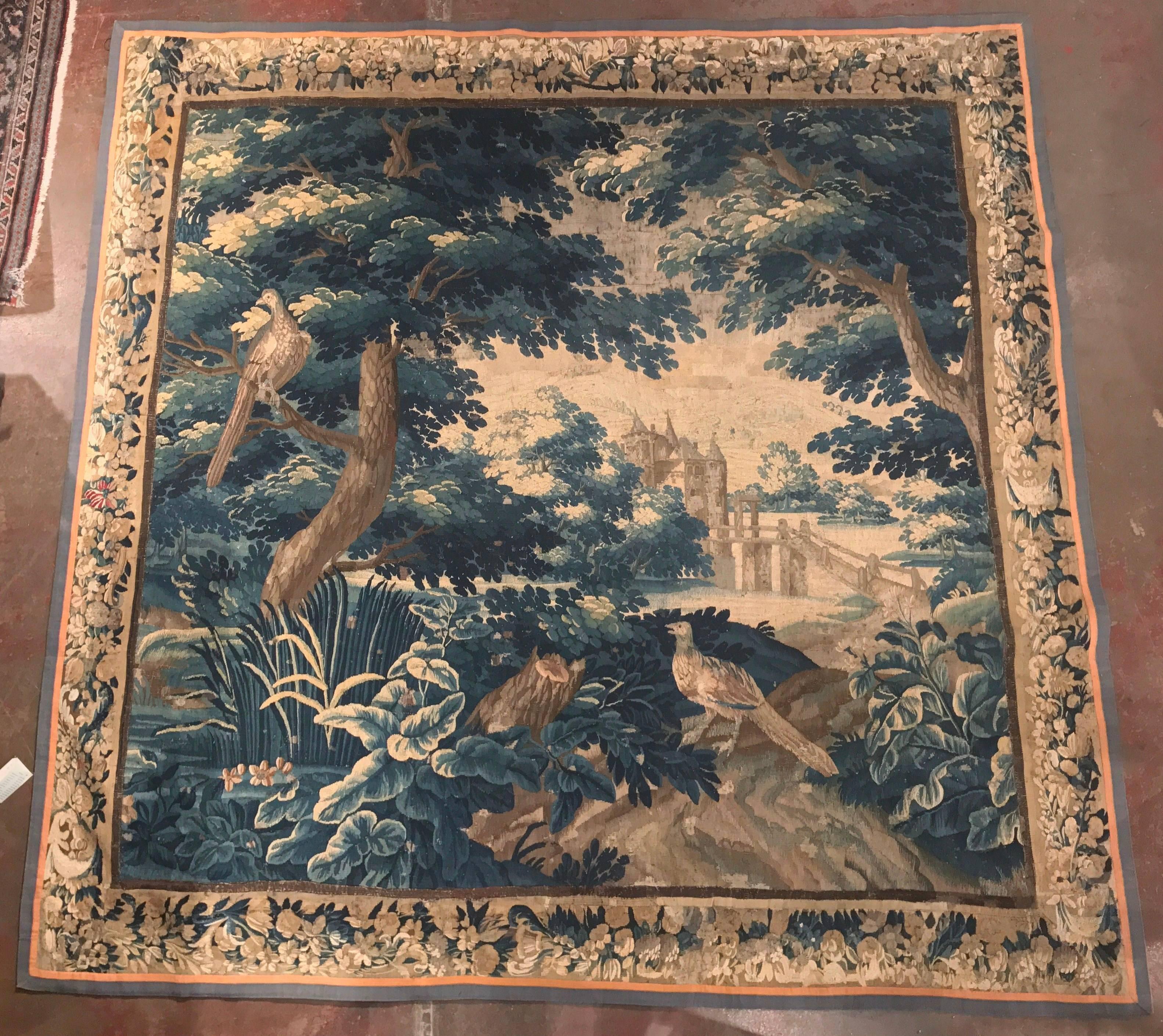 Mid-18th Century French Aubusson Verdure Tapestry with Trees, Birds and Castle 4