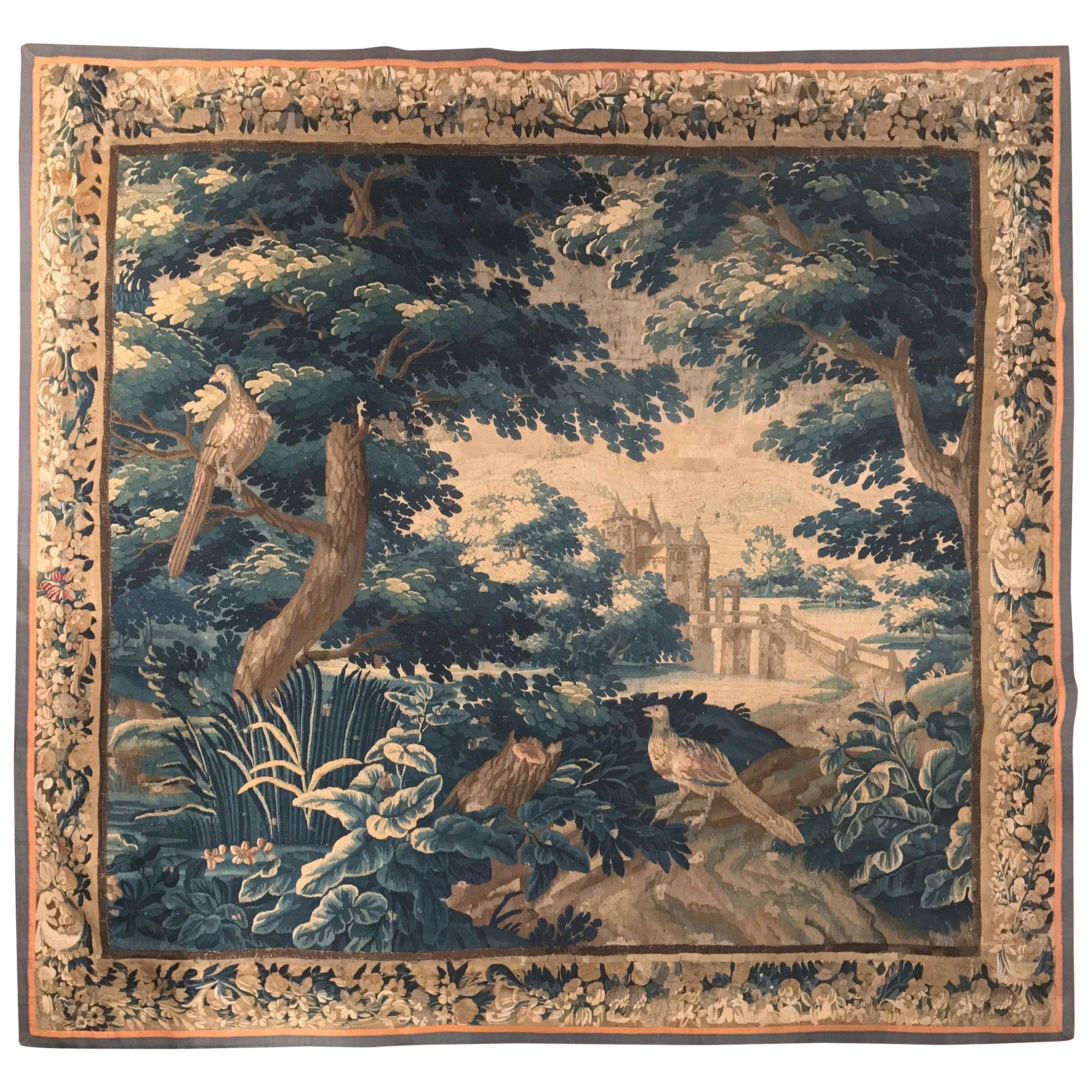 Mid-18th Century French Aubusson Verdure Tapestry with Trees, Birds and Castle