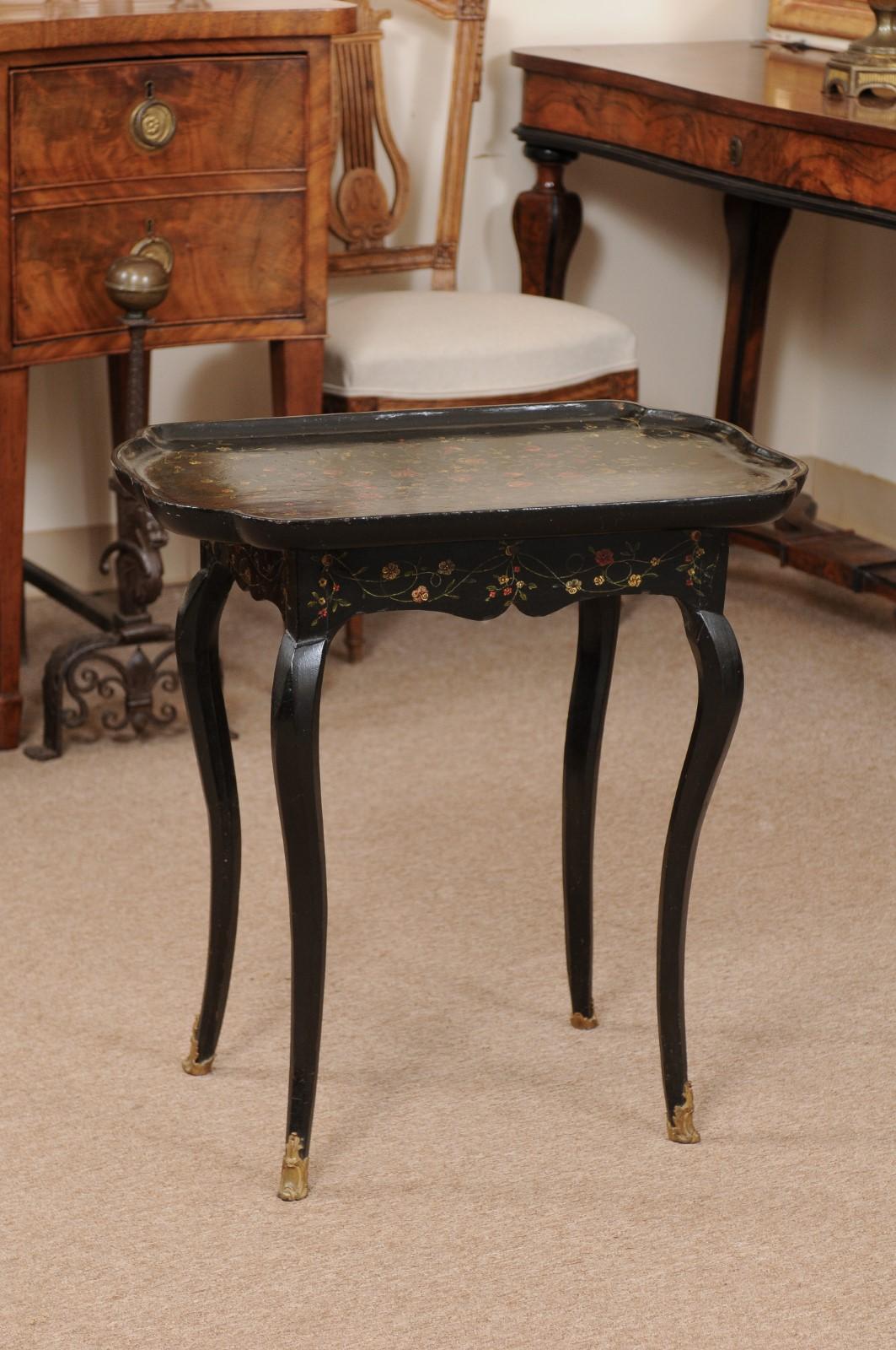 Mid-18th Century French Black Lacquered Louis XV Tray Top Table with Floral Decoration & Bronze Mounted Hoof Feet
