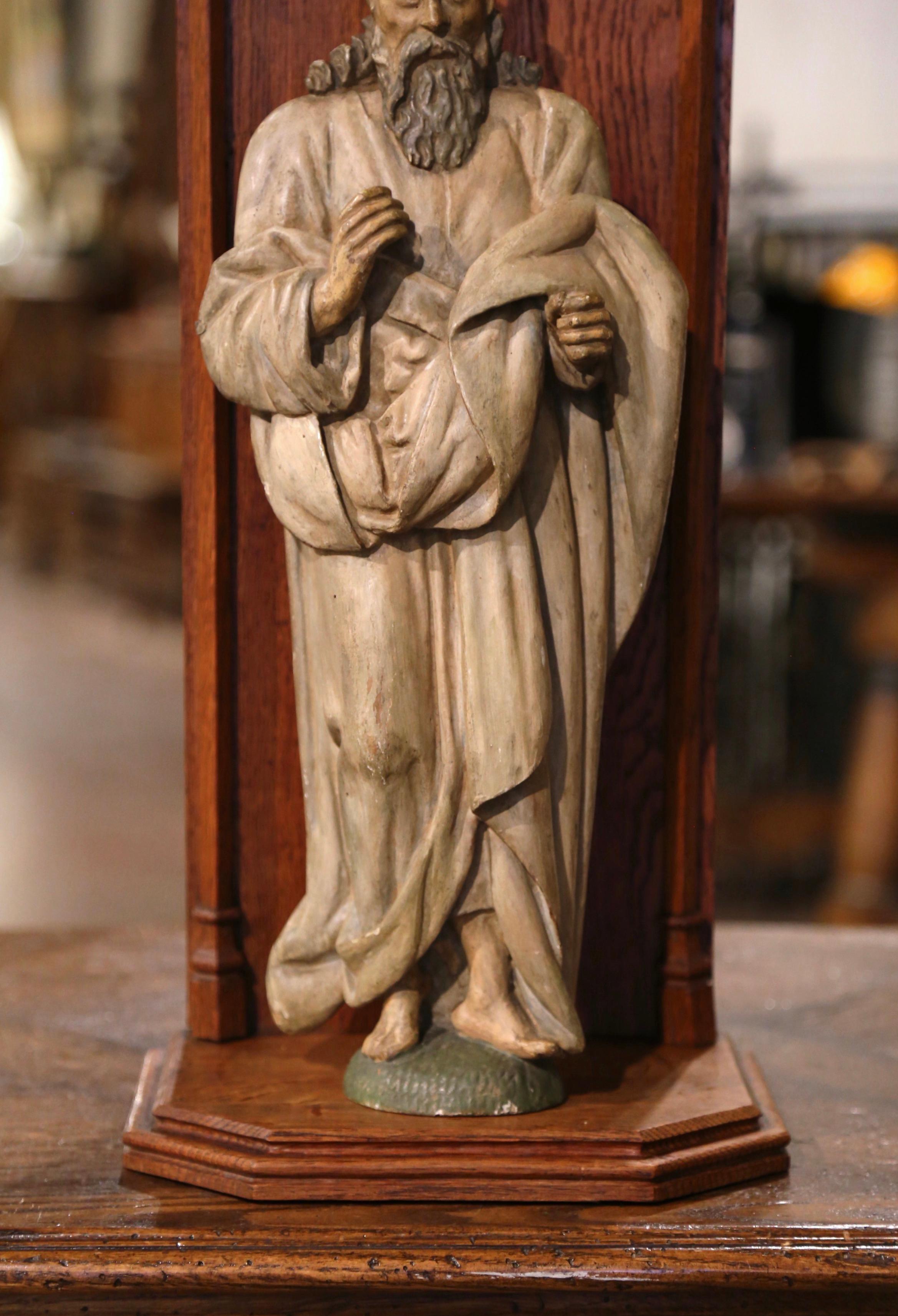 Gothic Mid-18th Century French Carved Polychrome Statue of Moses in Oak Niche For Sale