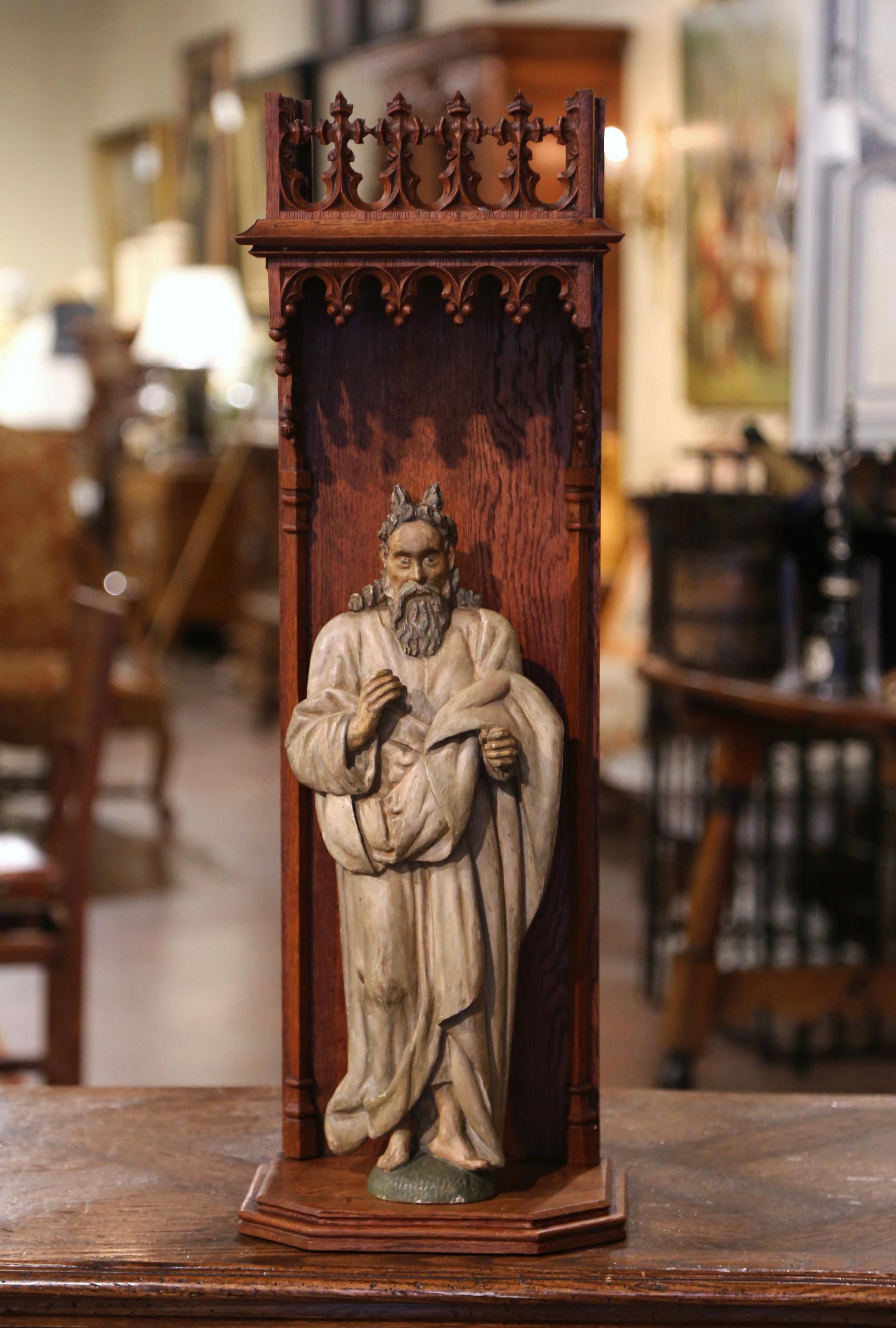 Hand-Carved Mid-18th Century French Carved Polychrome Statue of Moses in Oak Niche For Sale