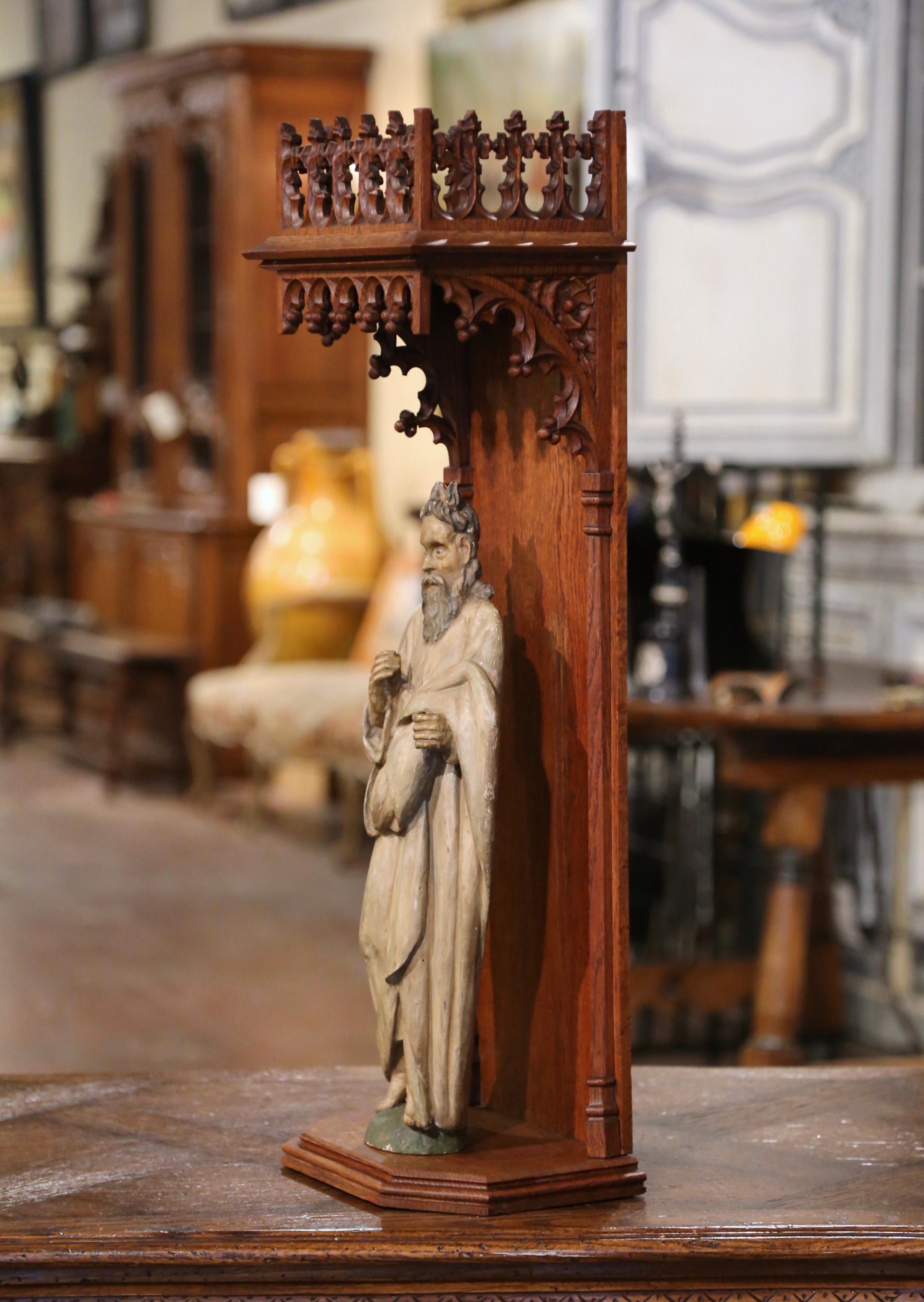Mid-18th Century French Carved Polychrome Statue of Moses in Oak Niche In Excellent Condition For Sale In Dallas, TX