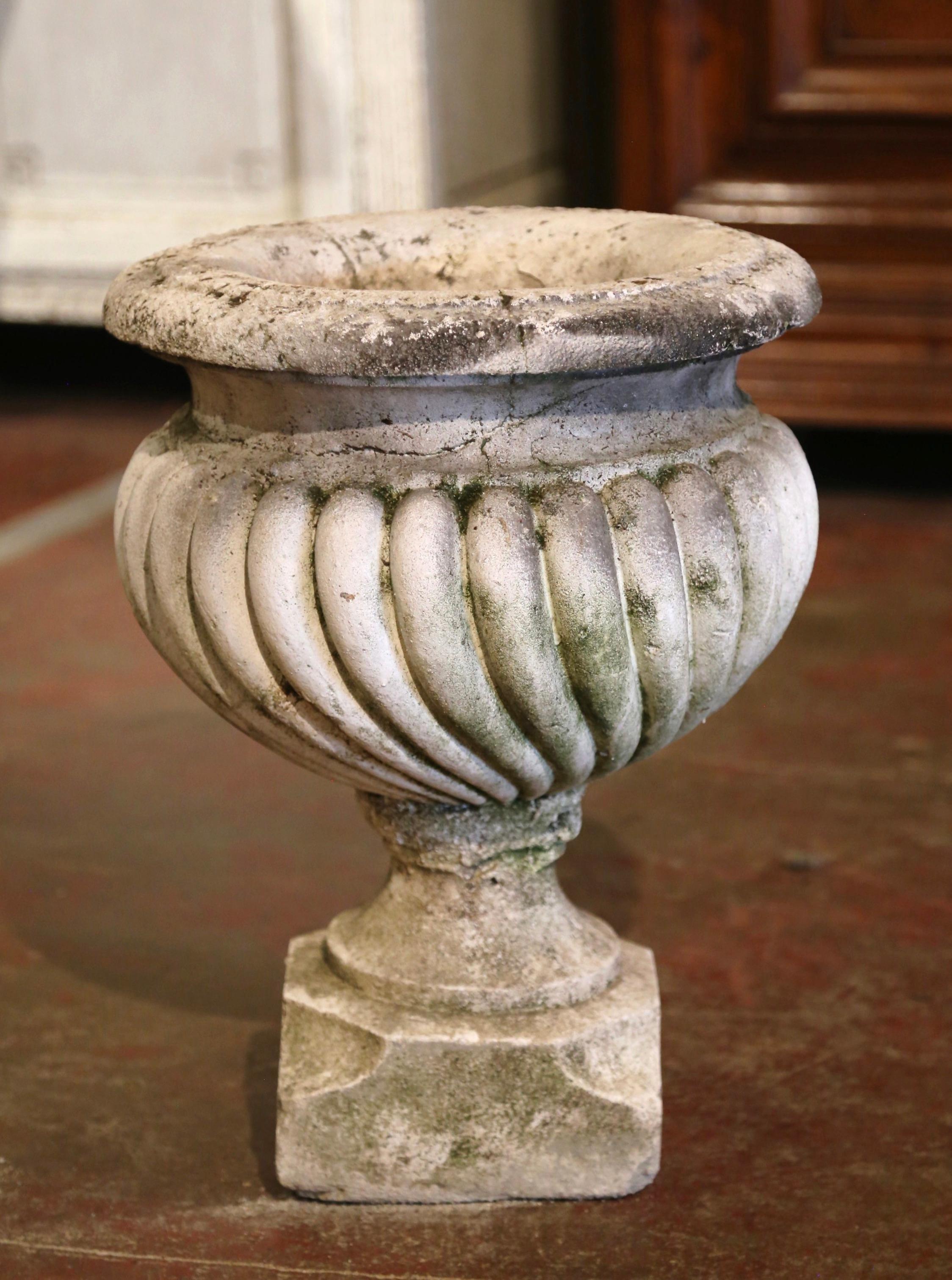 This antique stone planter was crafted in Normandy, France, circa 1750 was found in a chateau around Versailles. Round in shape with flare rim and ribbed and gadrooned body, the heavy vase stands on an integral square base with cut corners. The