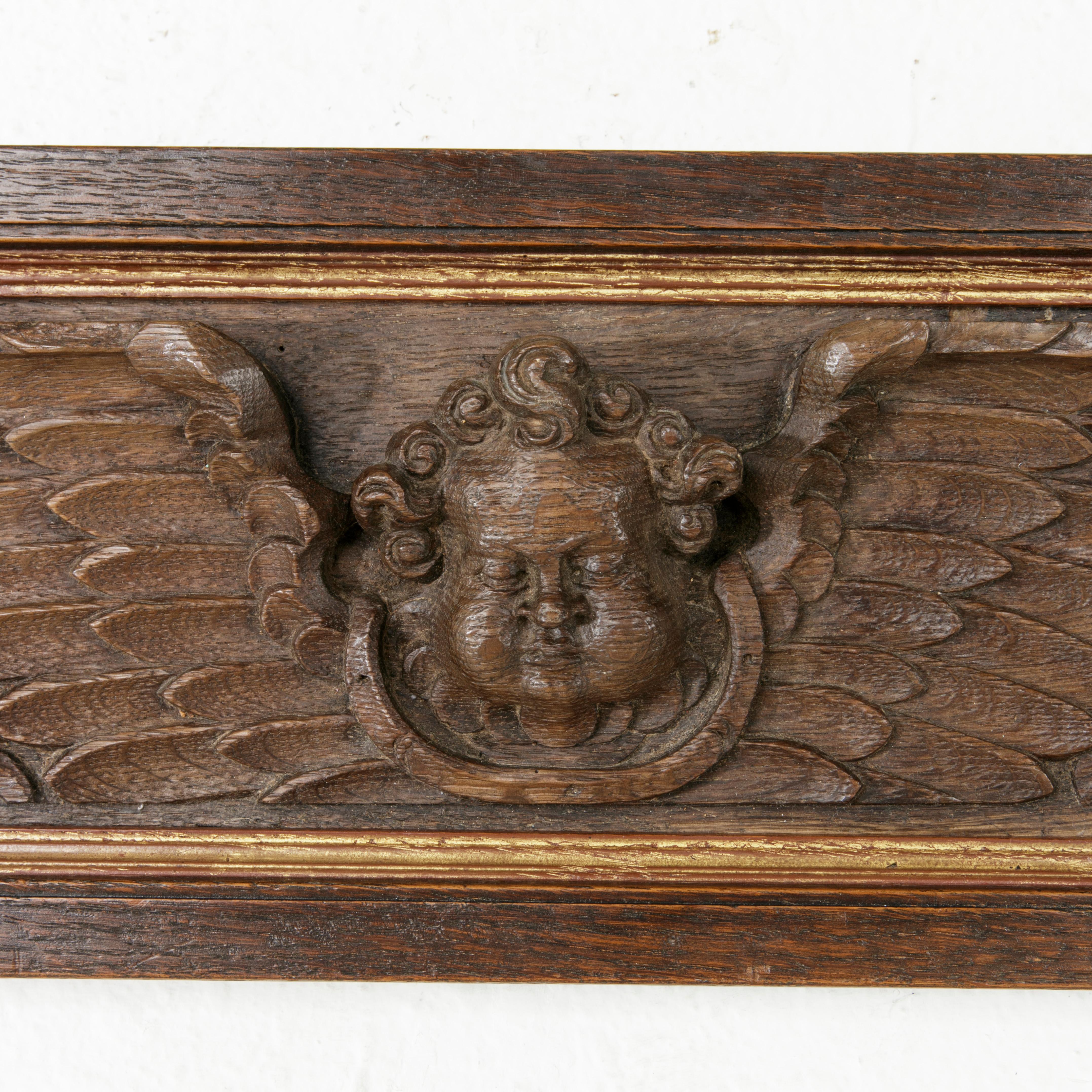 Mid-18th Century French Framed Hand Carved Oak Panel with Angel and Gilt Details 1