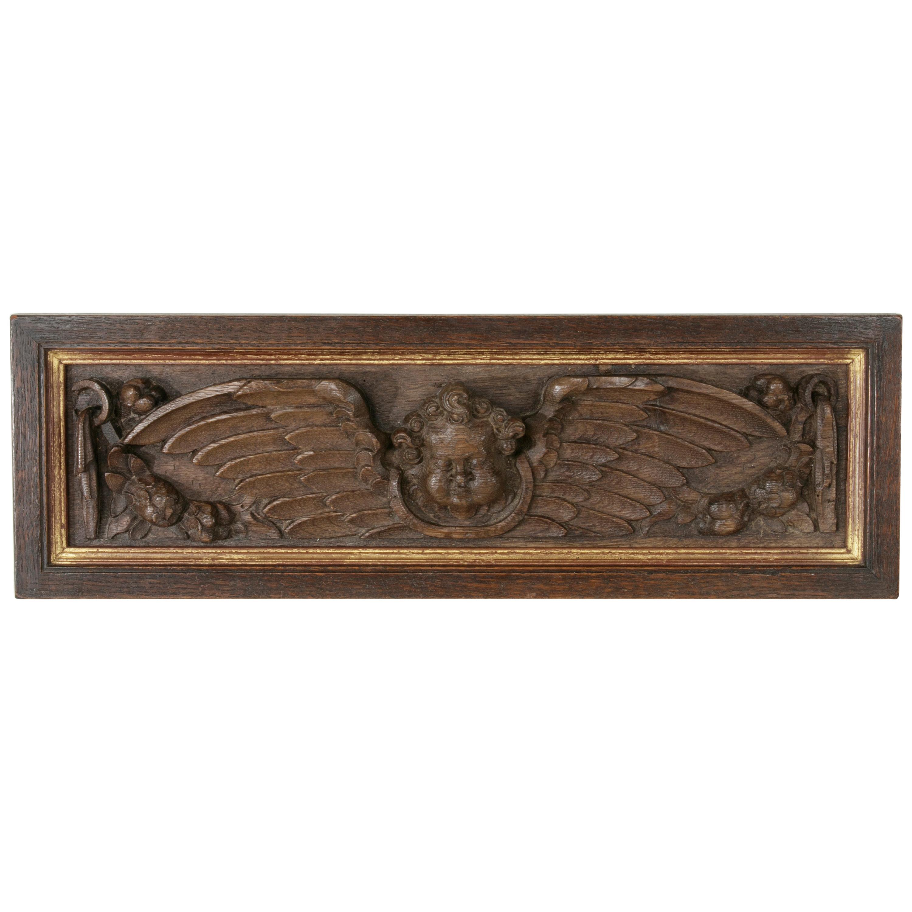 Mid-18th Century French Framed Hand Carved Oak Panel with Angel and Gilt Details