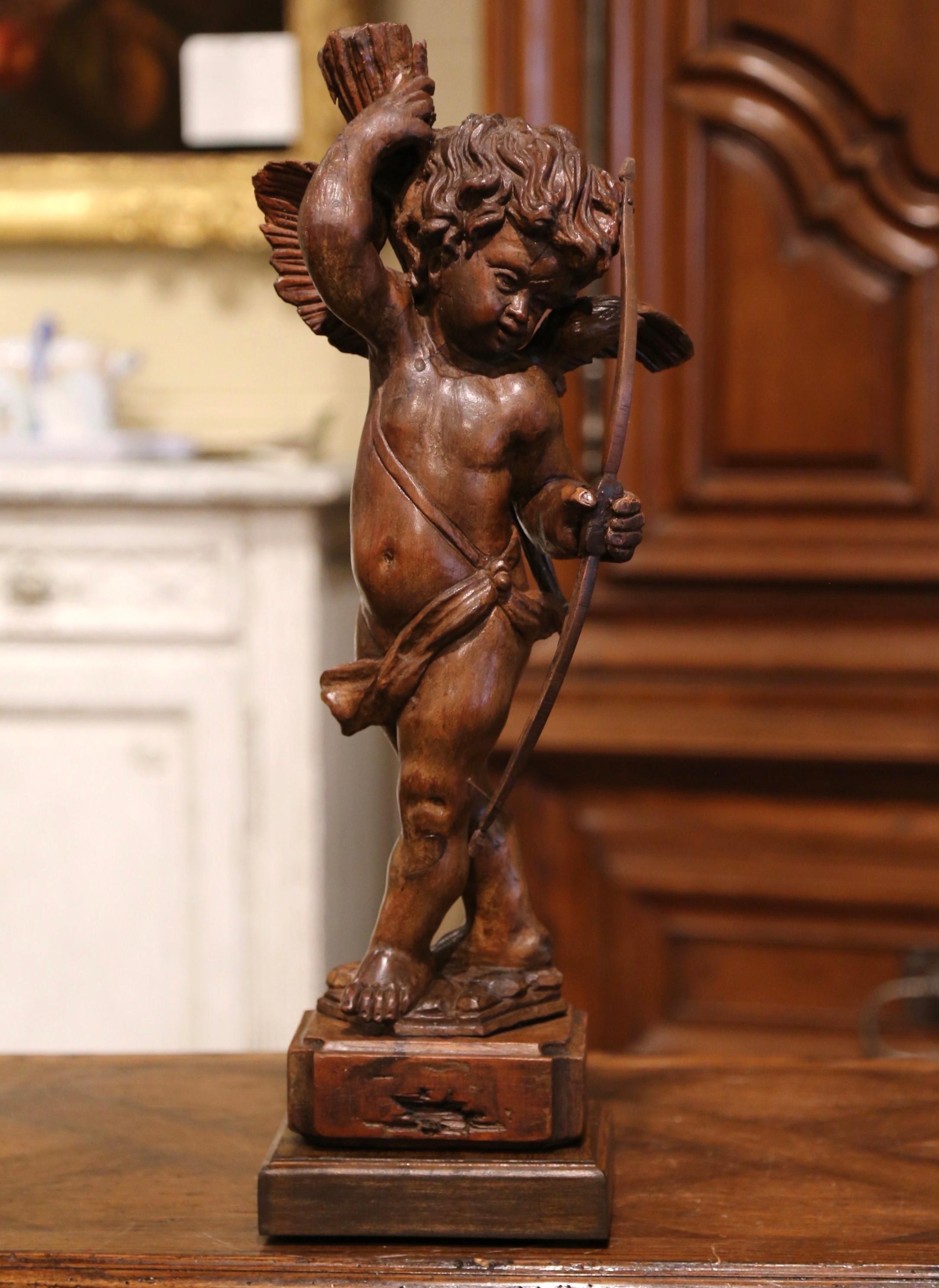 Mid-18th Century French Hand Carved Walnut Cherub Sculpture with Bow and Arrows In Excellent Condition In Dallas, TX