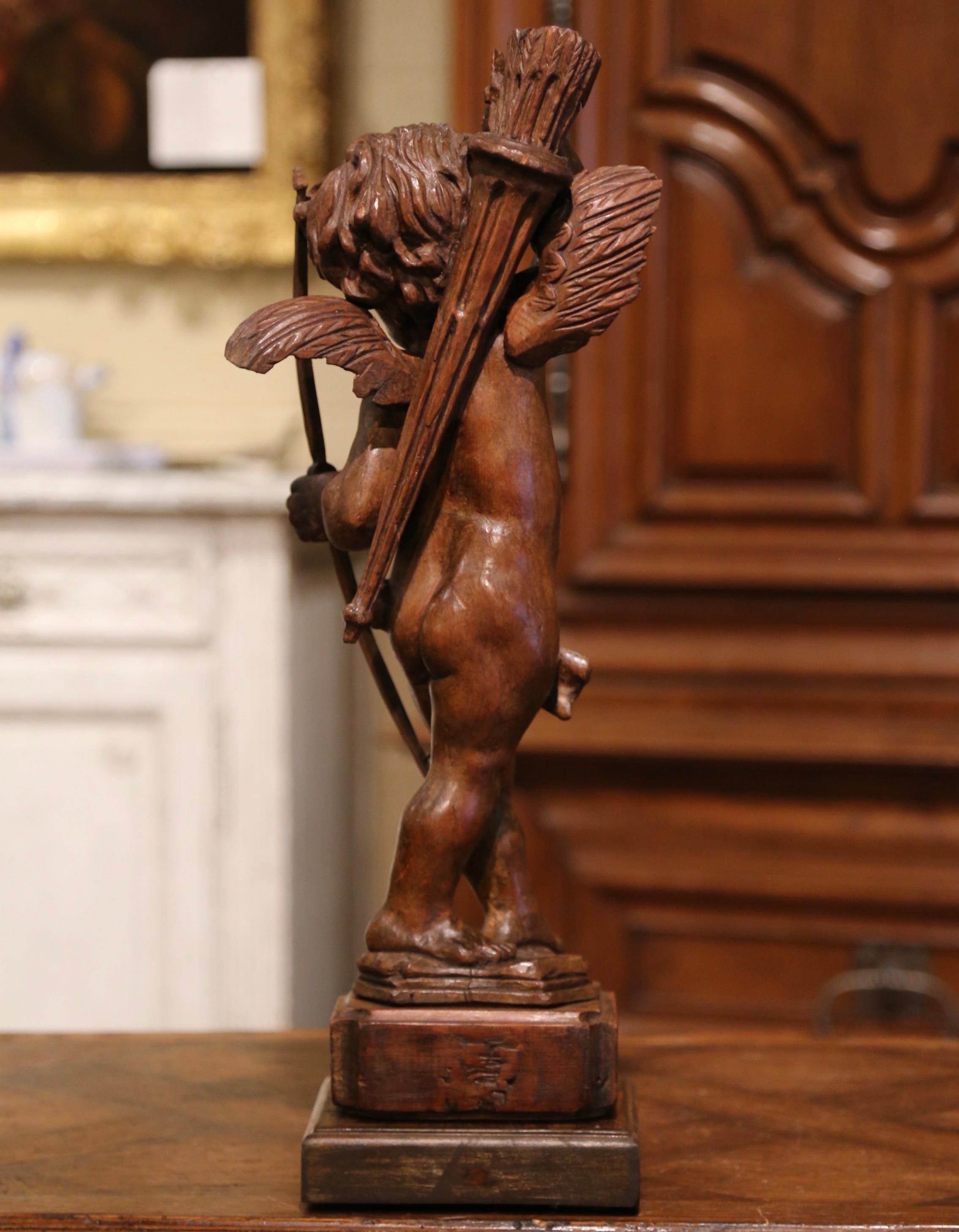 Mid-18th Century French Hand Carved Walnut Cherub Sculpture with Bow and Arrows 2