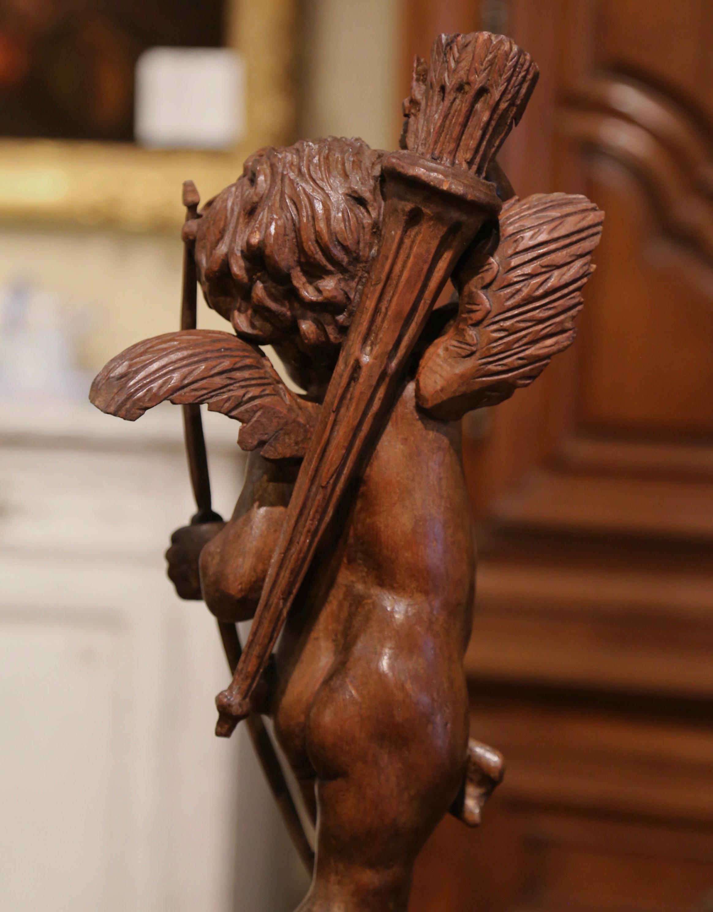 Mid-18th Century French Hand Carved Walnut Cherub Sculpture with Bow and Arrows 3