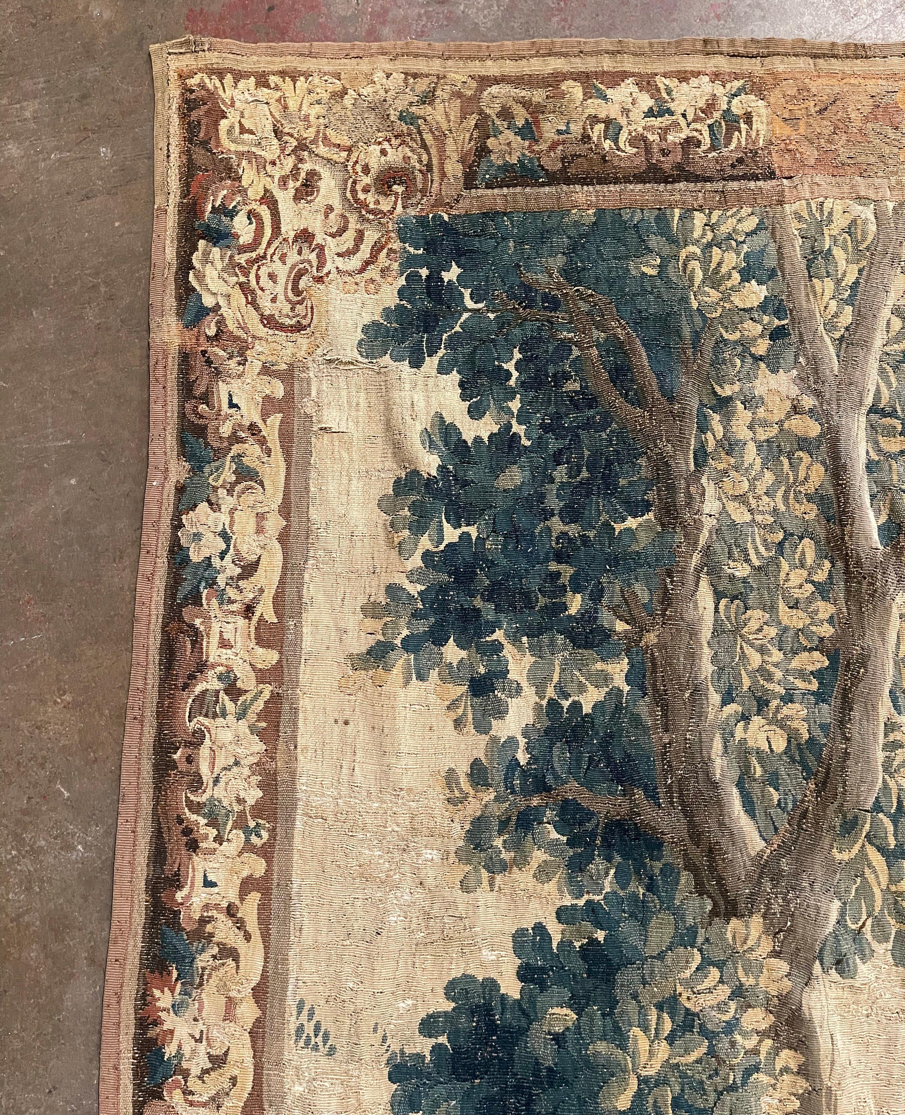 Mid-18th Century French Handwoven Aubusson Verdure Tapestry with Gentleman In Fair Condition In Dallas, TX