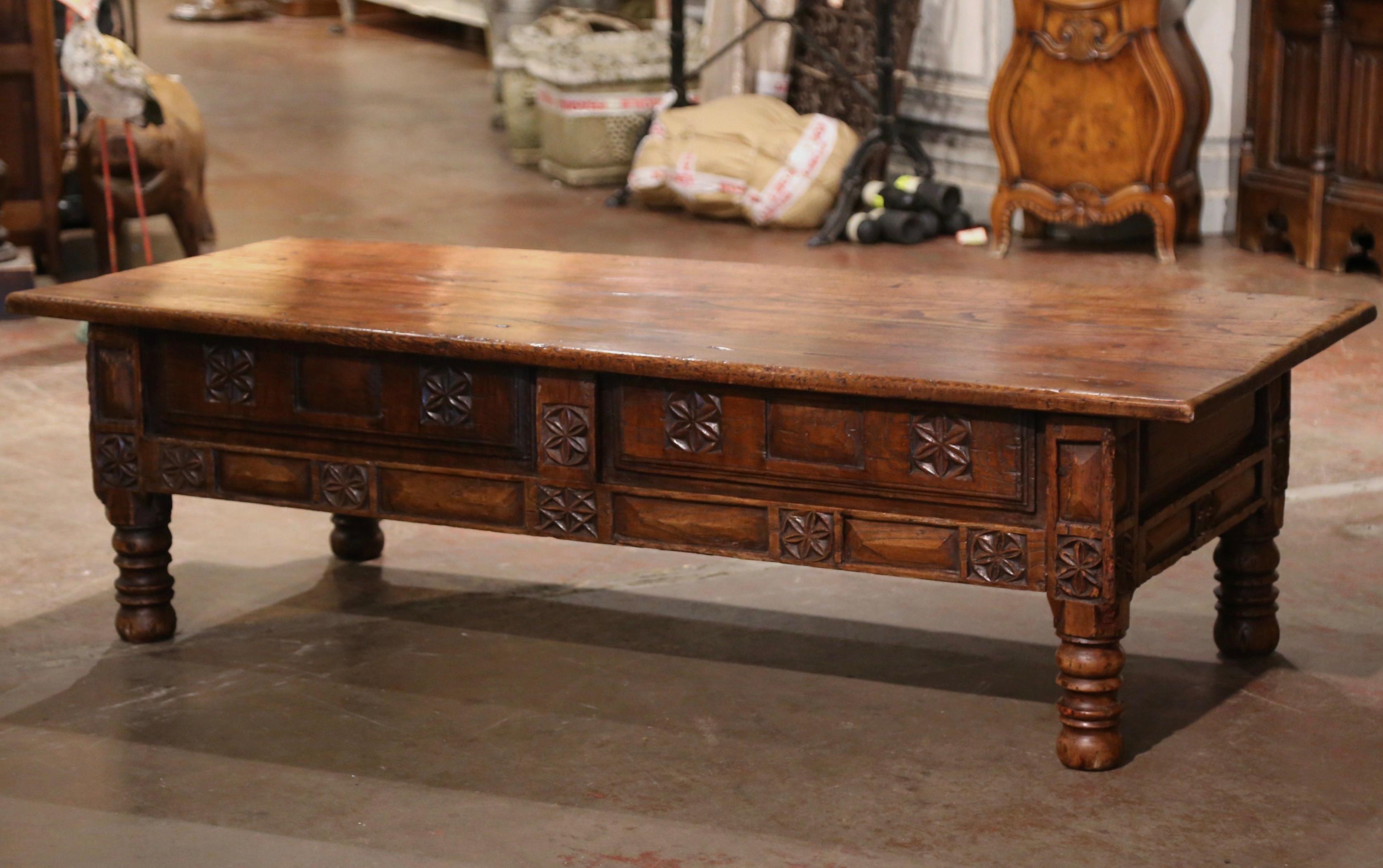 Mid-18th Century French Louis XIII Carved Chestnut Three Drawers Coffee Table 8