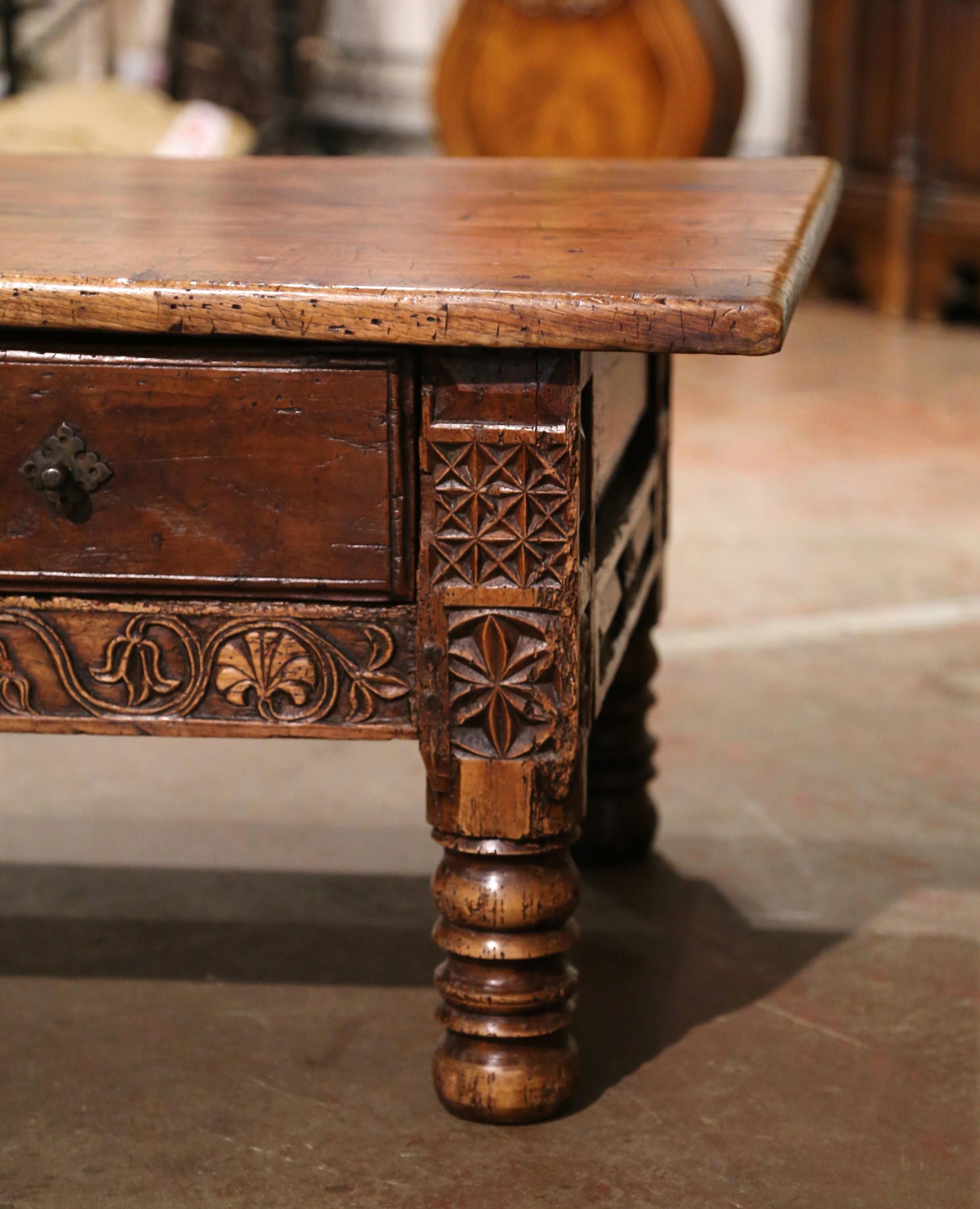 Hand-Carved Mid-18th Century French Louis XIII Carved Chestnut Three Drawers Coffee Table
