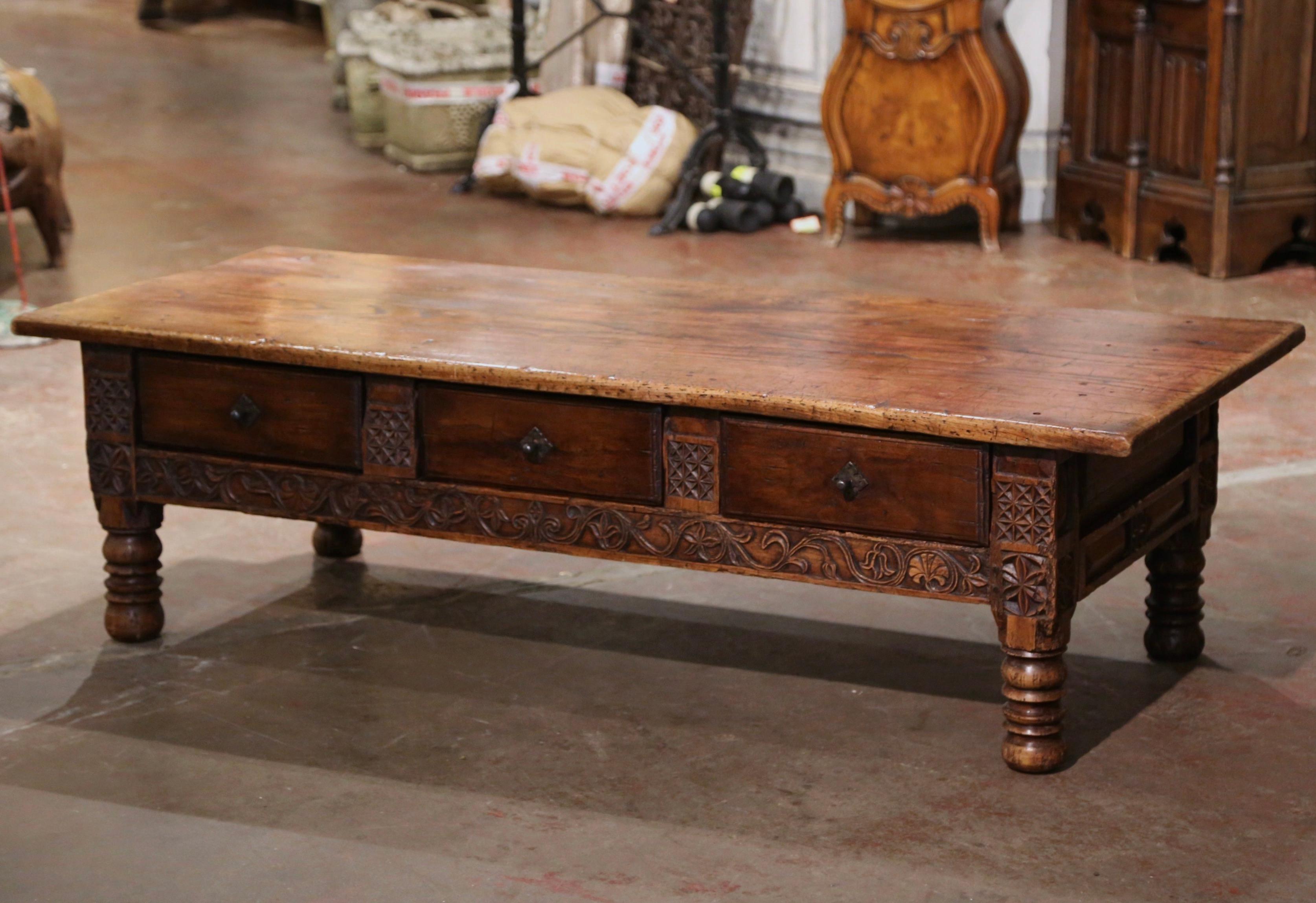 Mid-18th Century French Louis XIII Carved Chestnut Three Drawers Coffee Table 1
