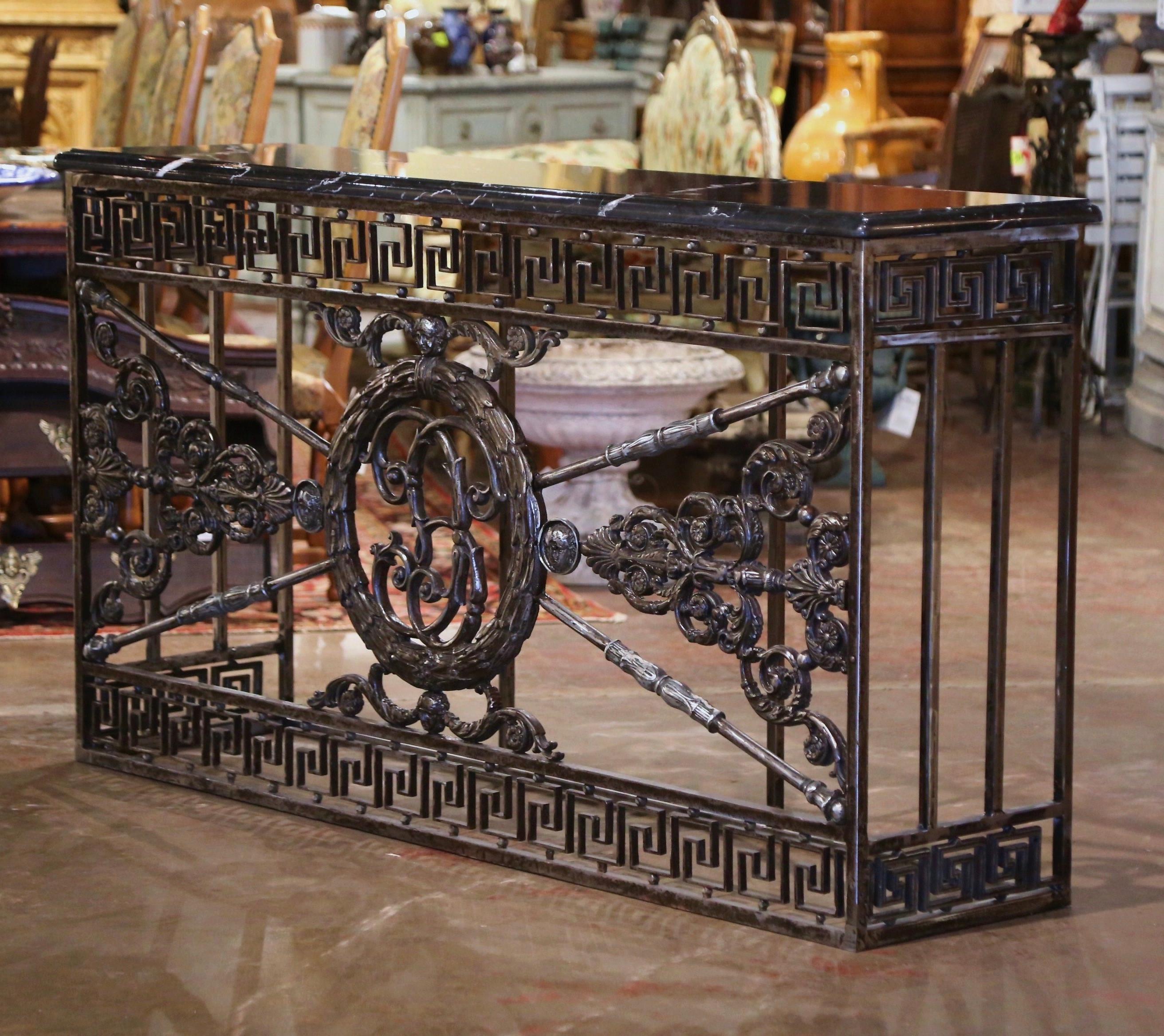 19th Century Mid-18th Century French Louis XIV Polished Wrought Iron Marble Top Console Table