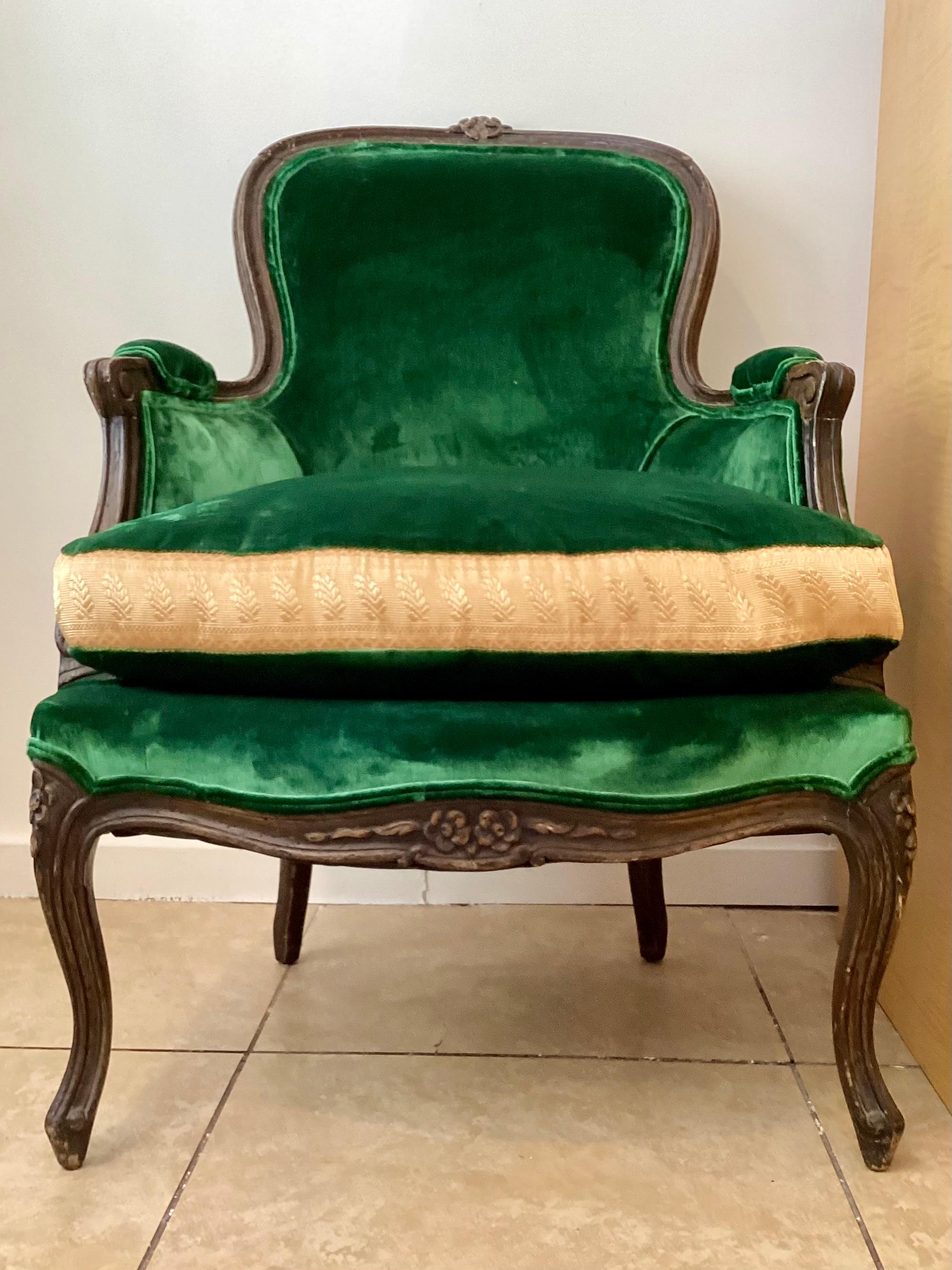 French Louis XV Bergere chair in new todd hase upholstery. Original frame. 18th Century French Frame extremely comfortable. Add some serious French Style to your home.