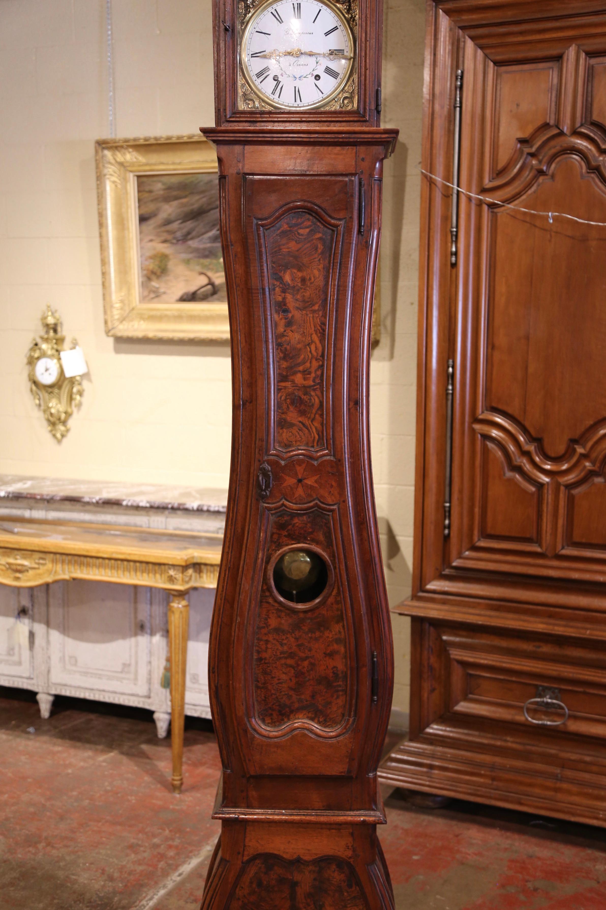 Patinated Mid-18th Century French Louis XV Carved Burl Walnut Tall Case Clock from Lyon