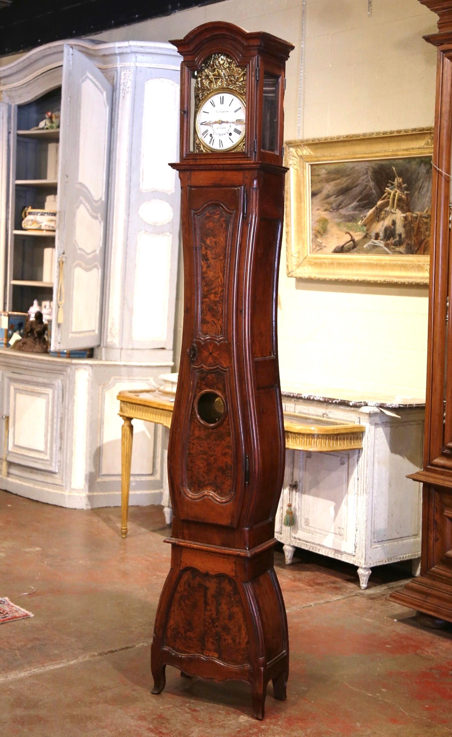 Mid-18th Century French Louis XV Carved Burl Walnut Tall Case Clock from Lyon In Excellent Condition In Dallas, TX