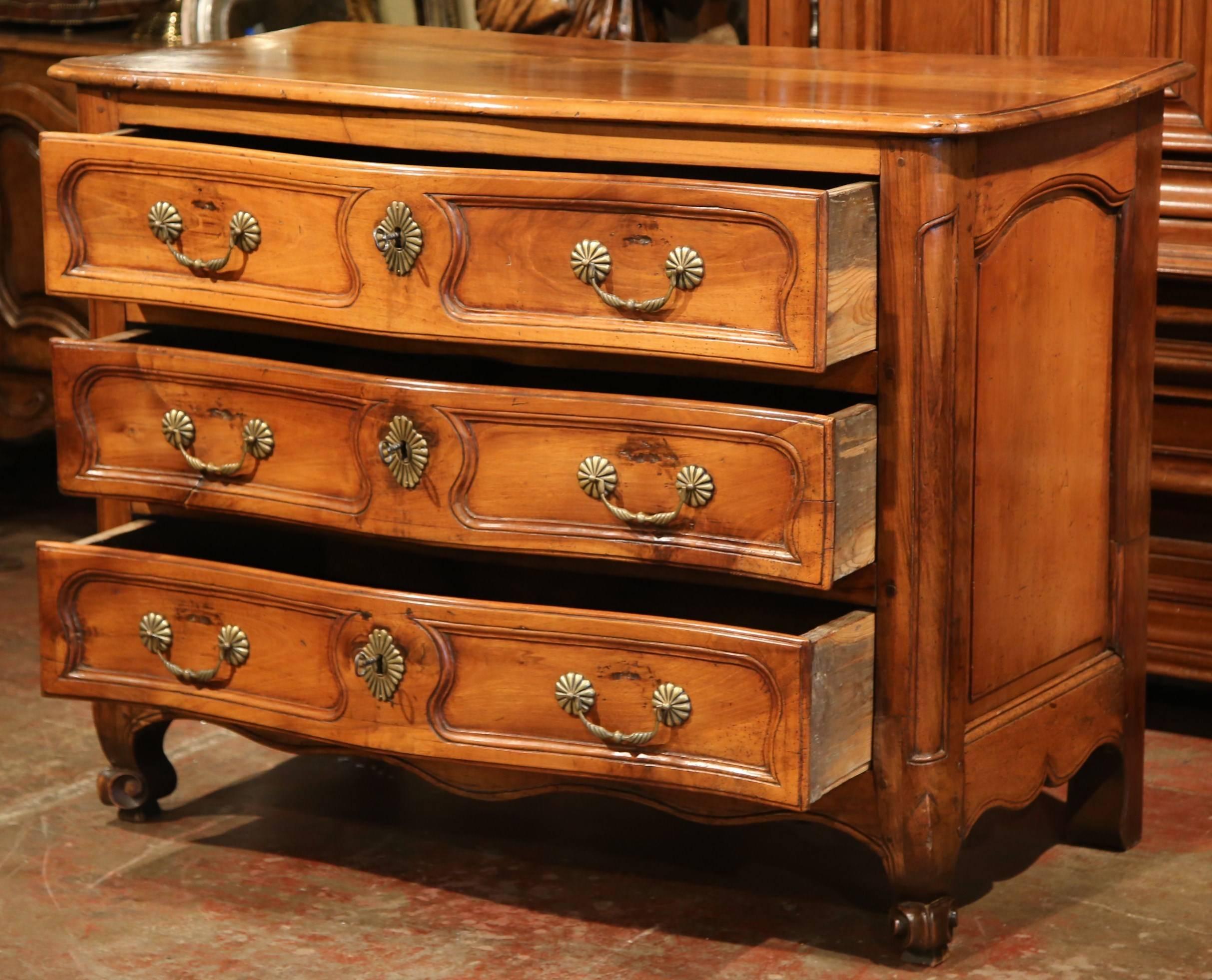 Hand-Carved Mid-18th Century French Louis XV Carved Walnut Chest of Drawers from Burgundy