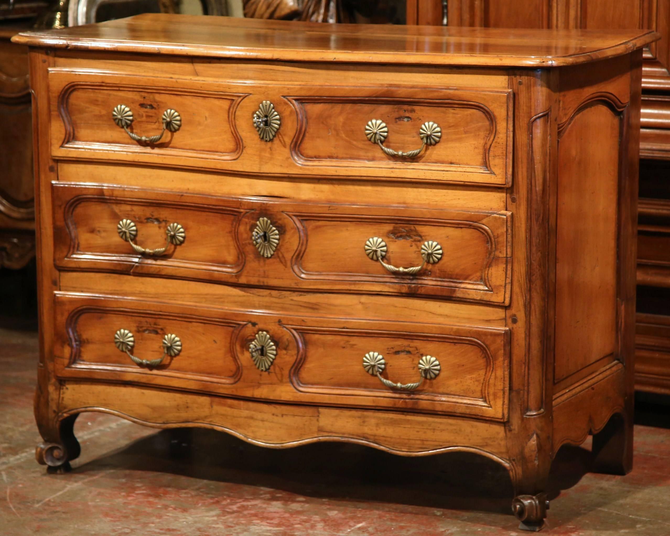 Bronze Mid-18th Century French Louis XV Carved Walnut Chest of Drawers from Burgundy