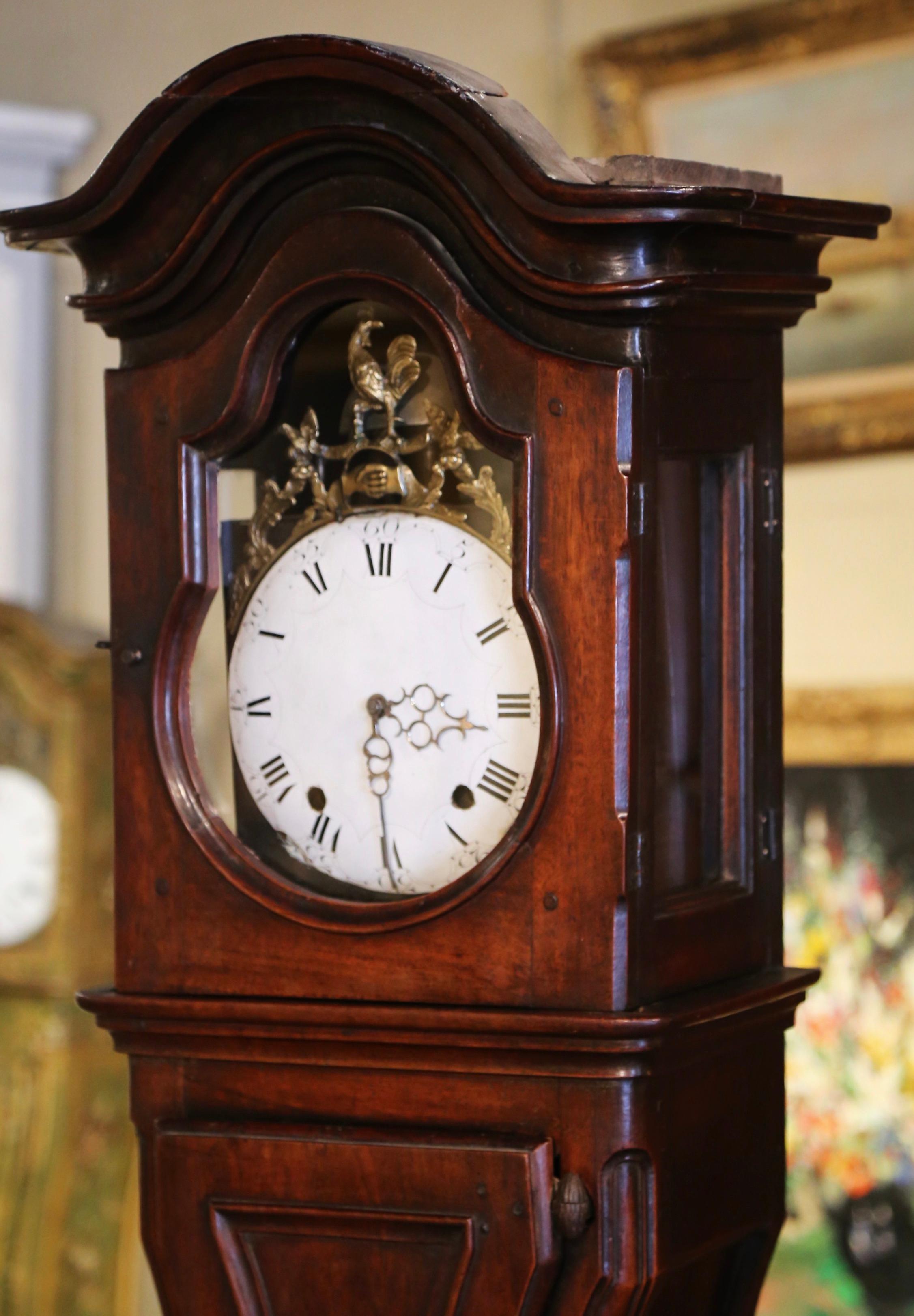 Patinated Mid-18th Century, French, Louis XV Carved Walnut Grandfather Clock with Rooster