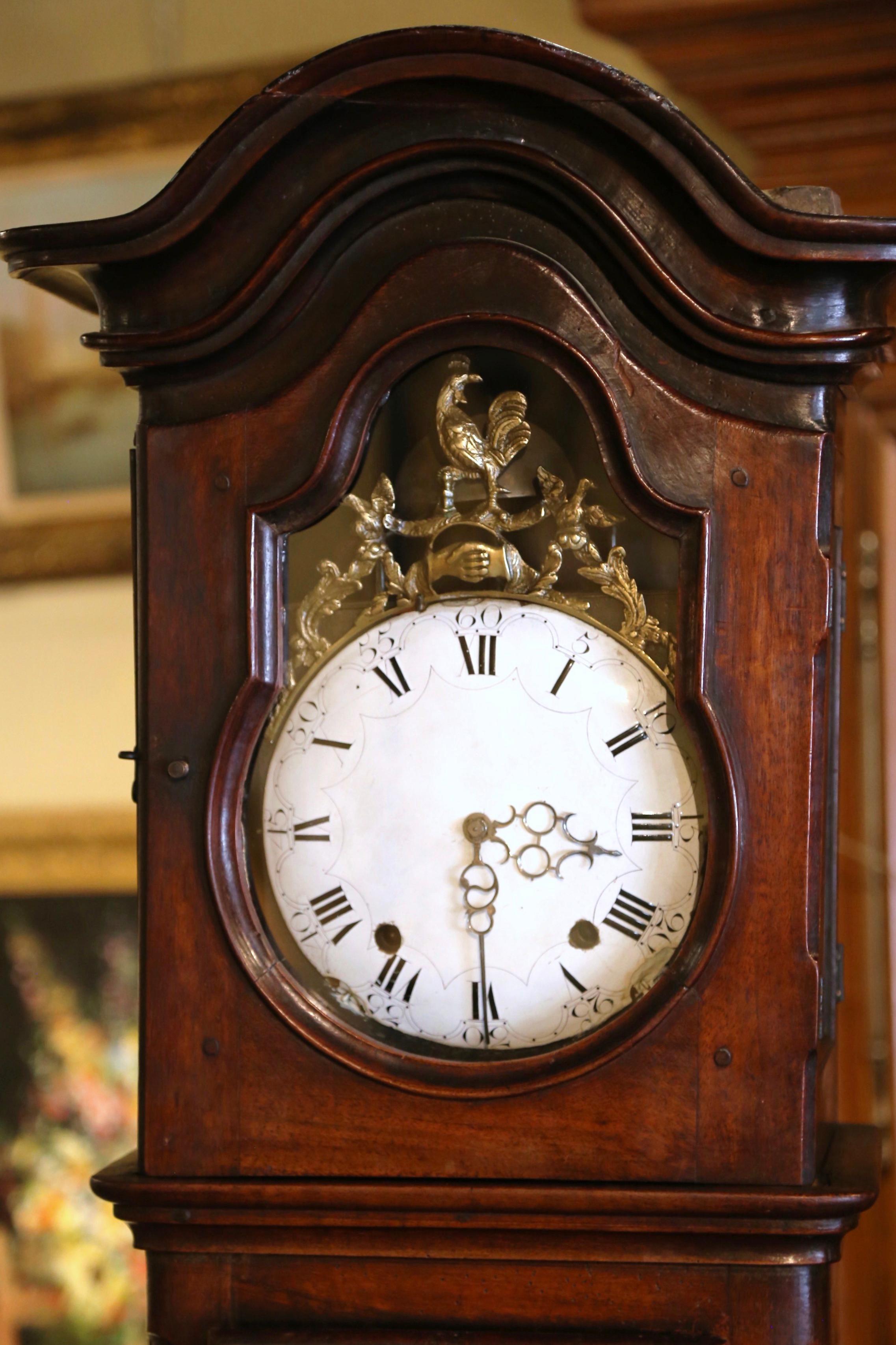 Mid-18th Century, French, Louis XV Carved Walnut Grandfather Clock with Rooster 2