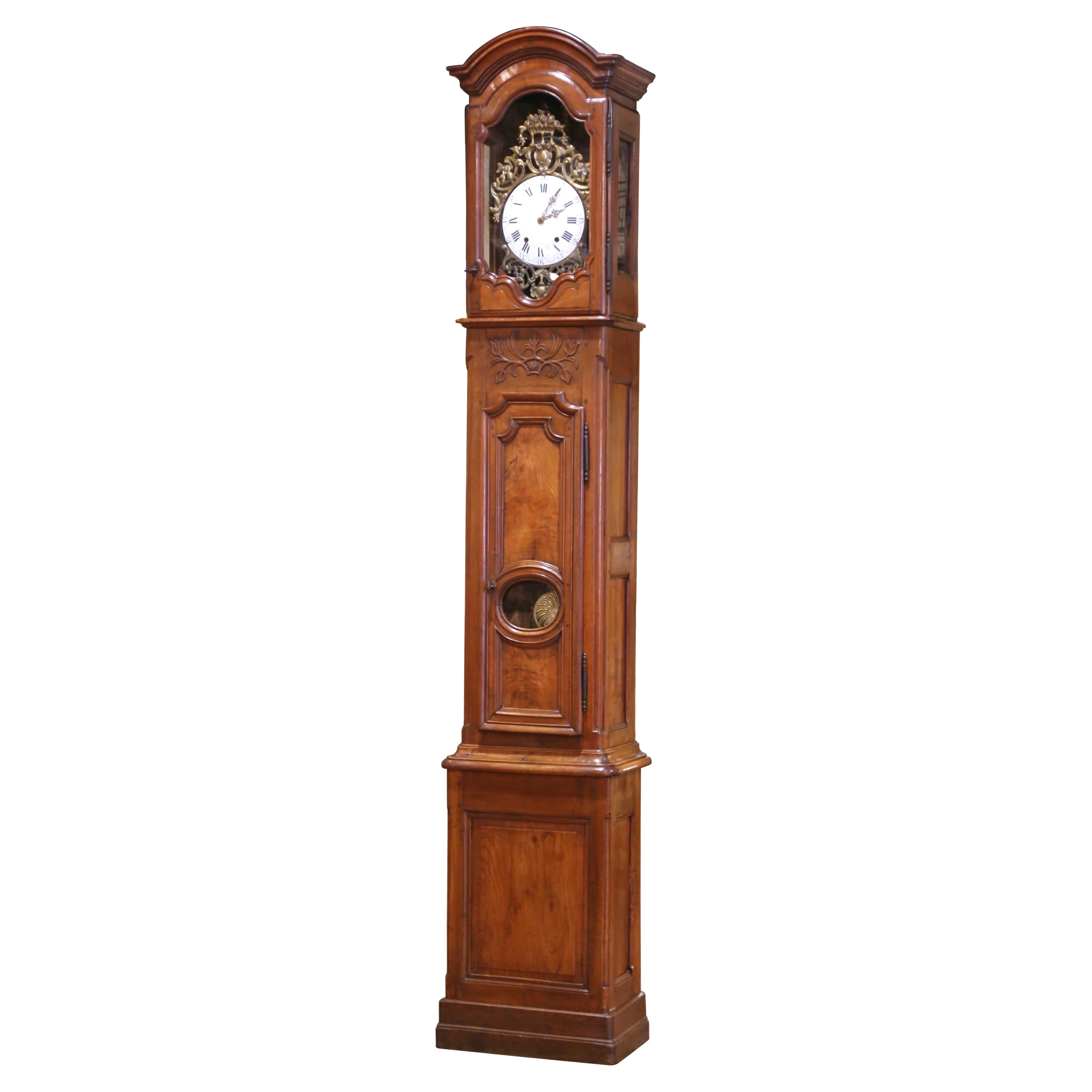 Mid-18th Century French Louis XV Carved Walnut Tall Case Clock from Lyon For Sale