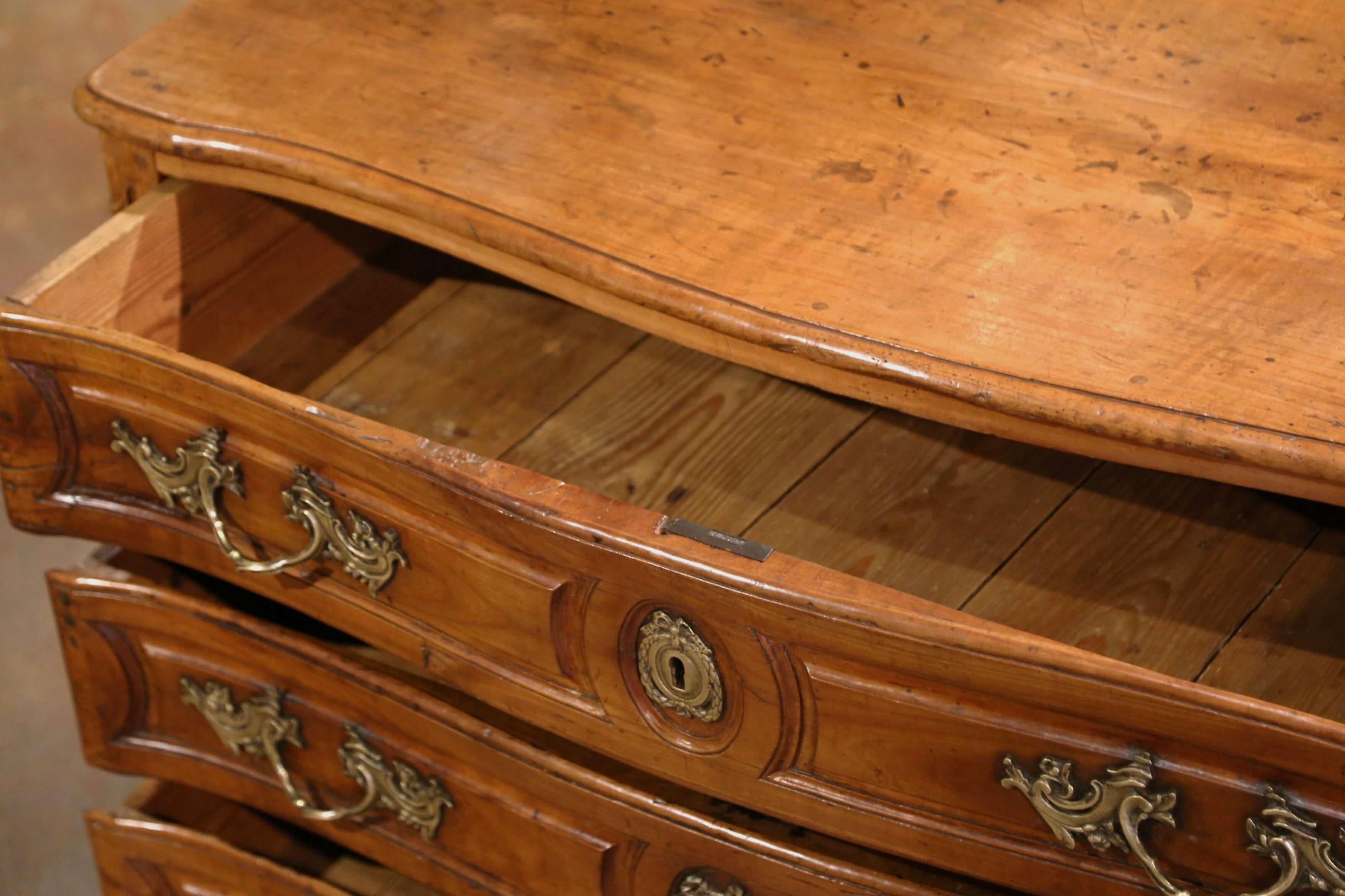 Mid-18th Century French Louis XV Carved Walnut Three Drawer Commode Chest For Sale 6