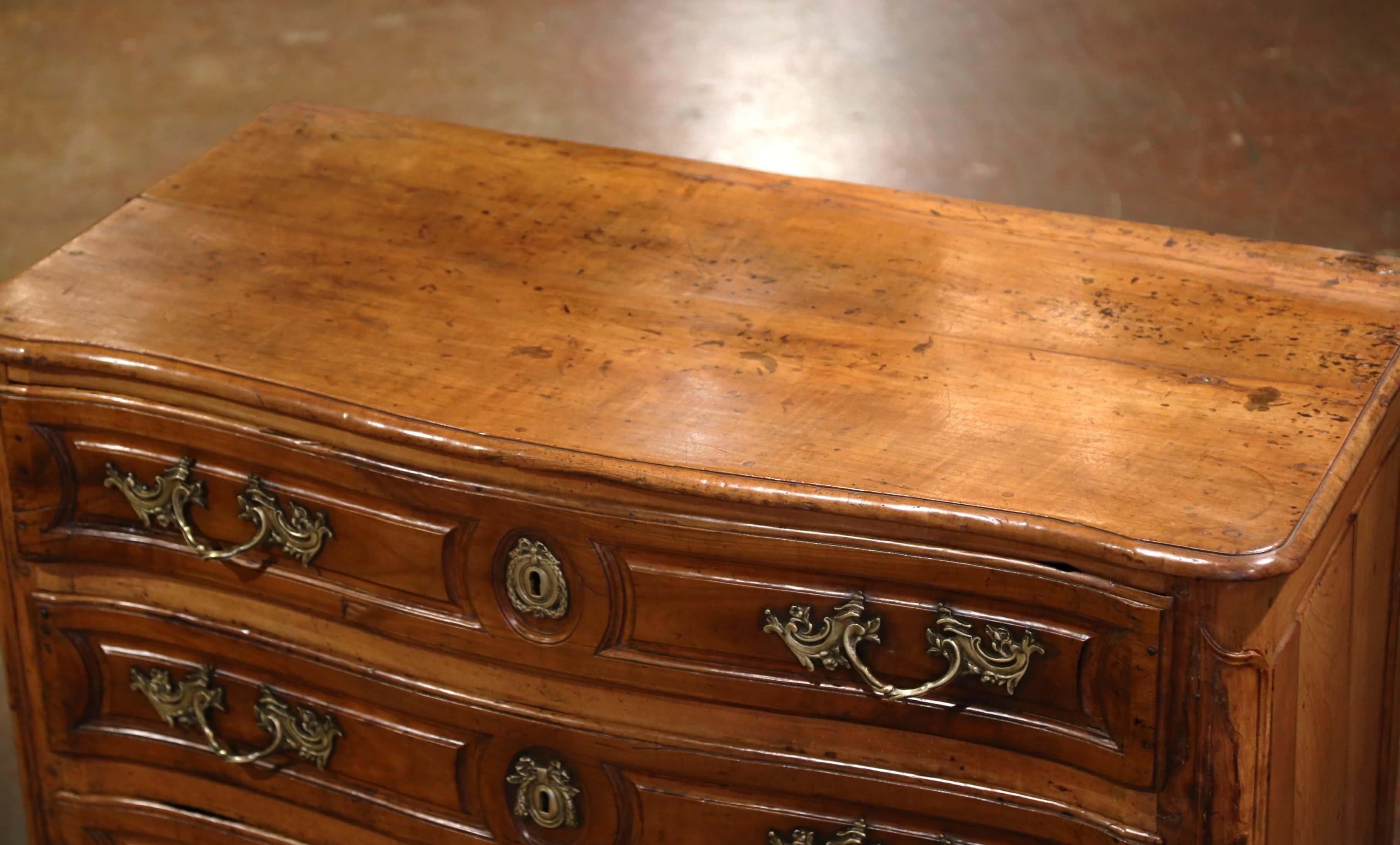 Hand-Carved Mid-18th Century French Louis XV Carved Walnut Three Drawer Commode Chest For Sale