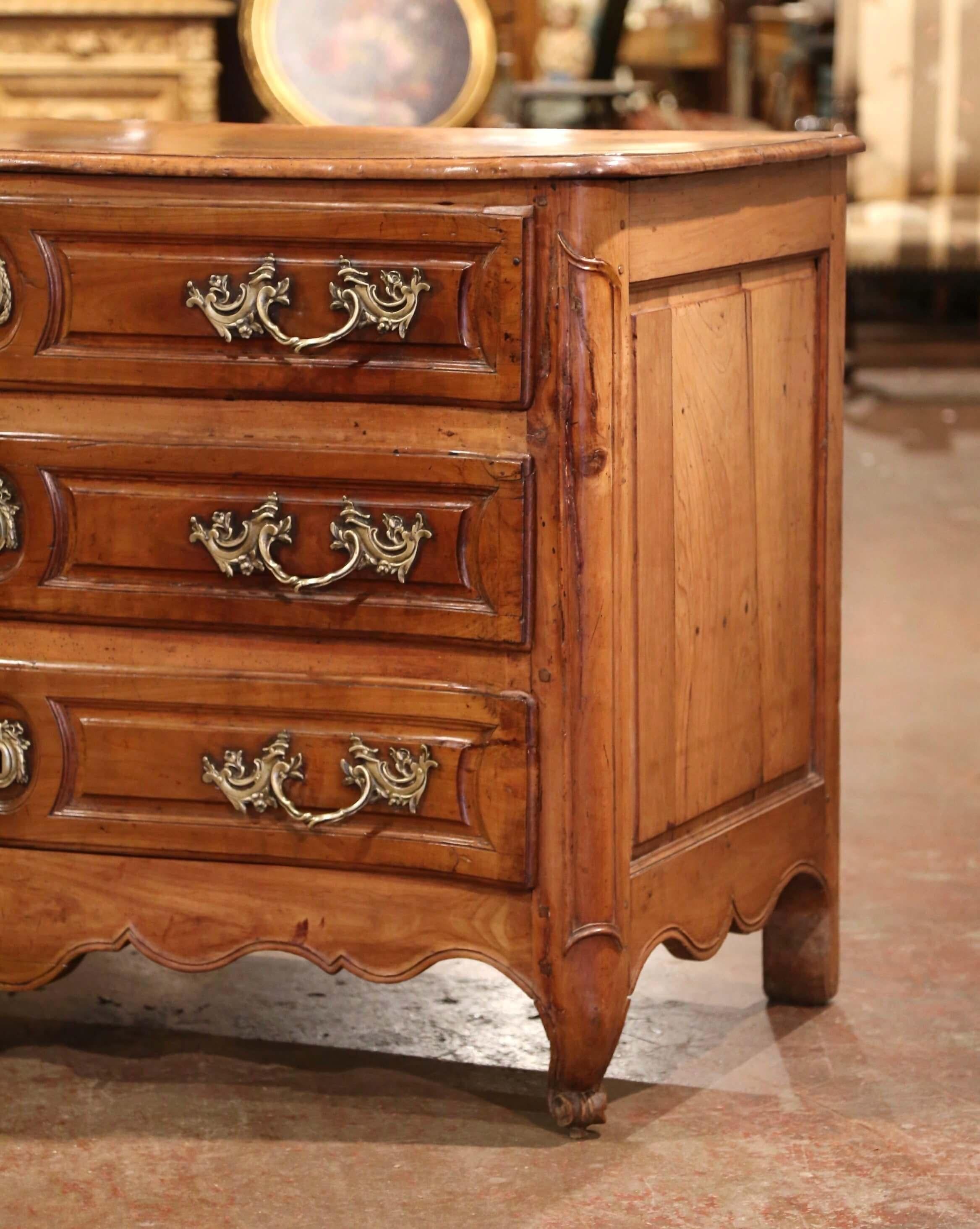 Bronze Mid-18th Century French Louis XV Carved Walnut Three Drawer Commode Chest For Sale
