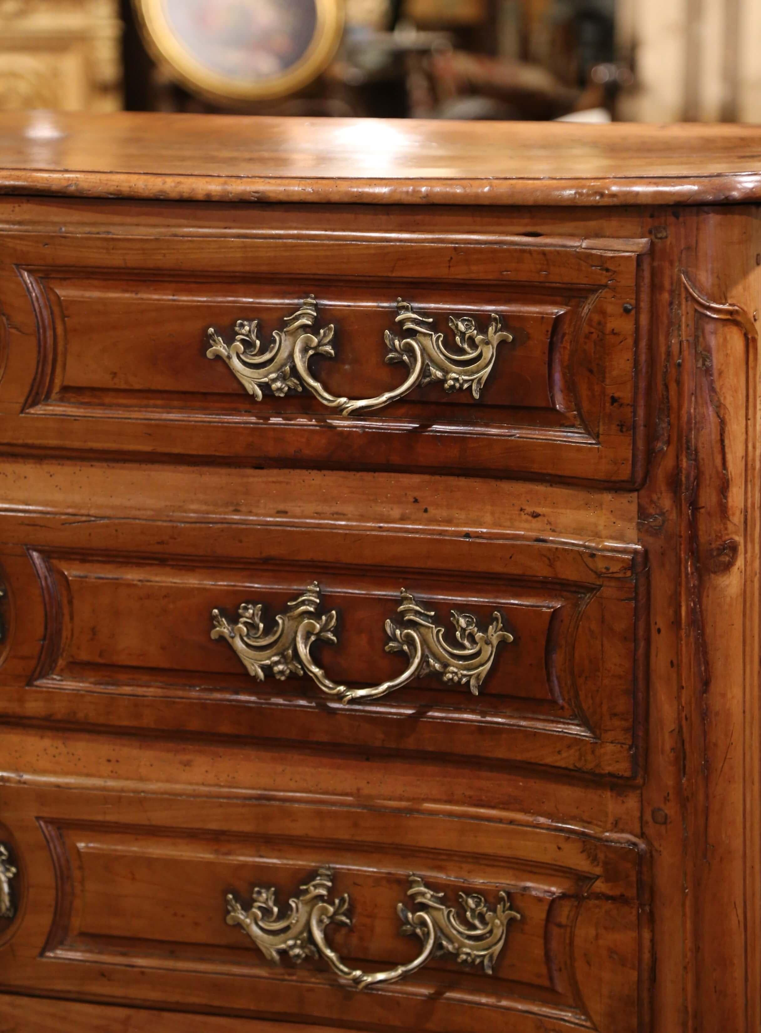 Mid-18th Century French Louis XV Carved Walnut Three Drawer Commode Chest For Sale 2