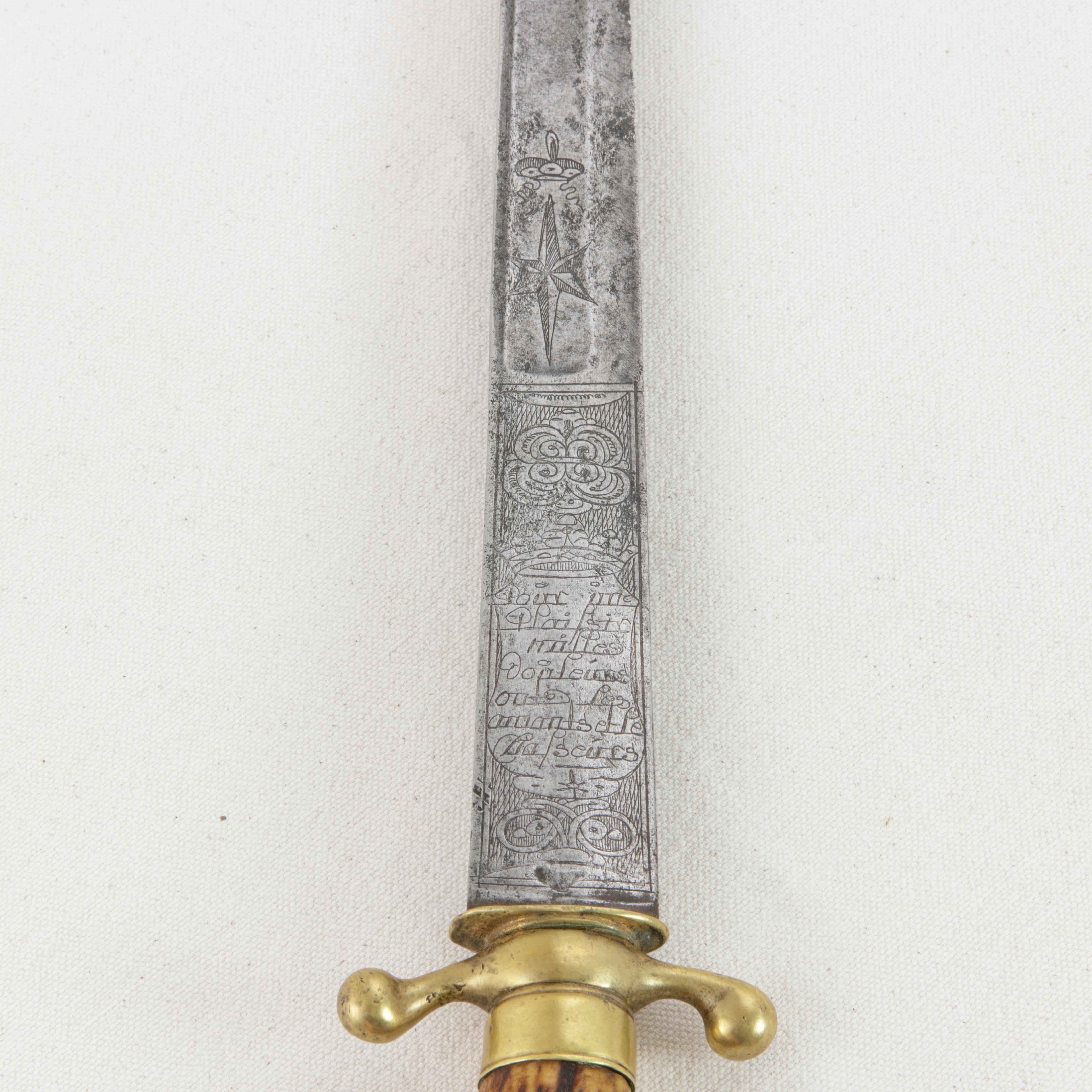 Steel Mid-18th Century French Louis XV Period Engraved Hunting Short Sword with Horn