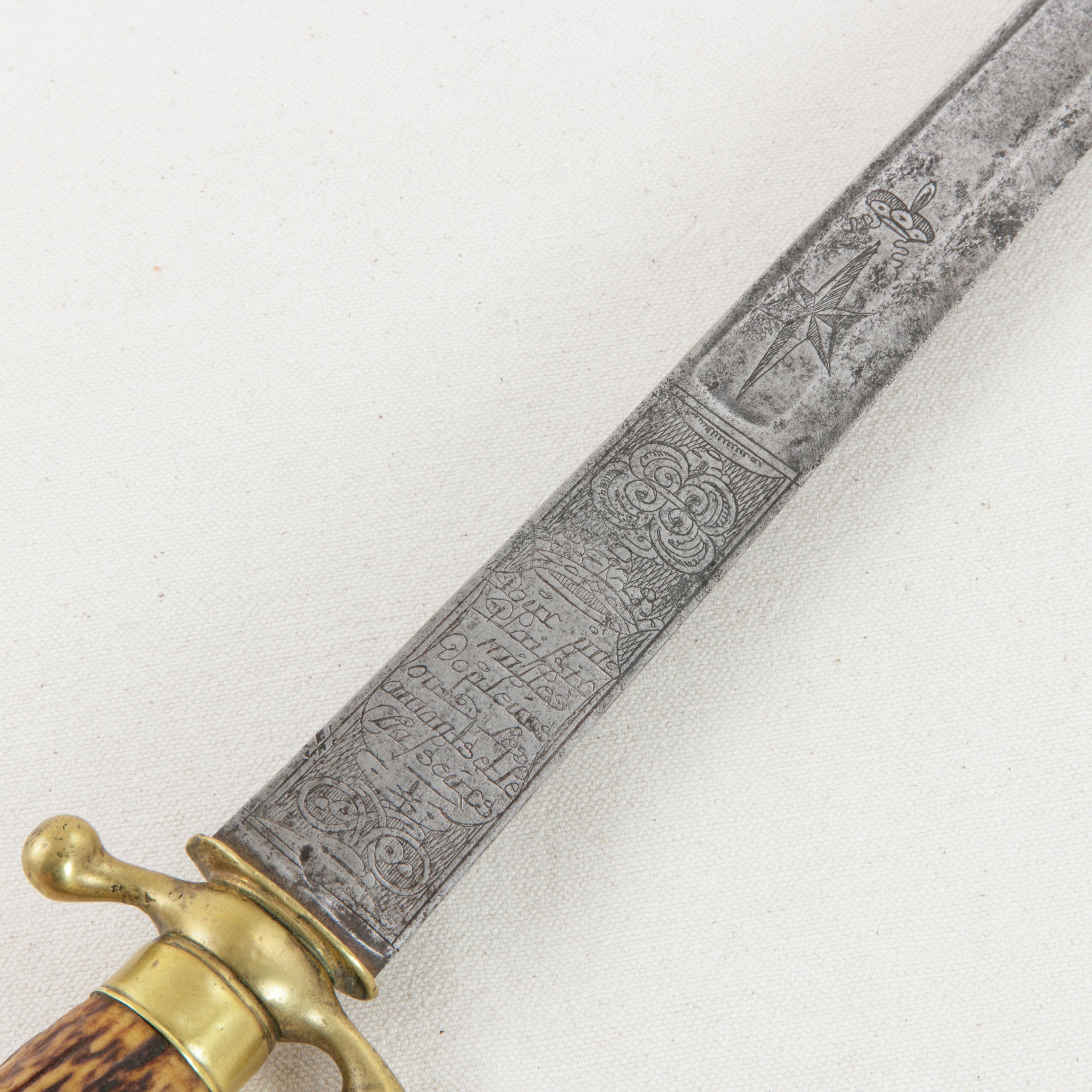 Mid-18th Century French Louis XV Period Engraved Hunting Short Sword with Horn 2