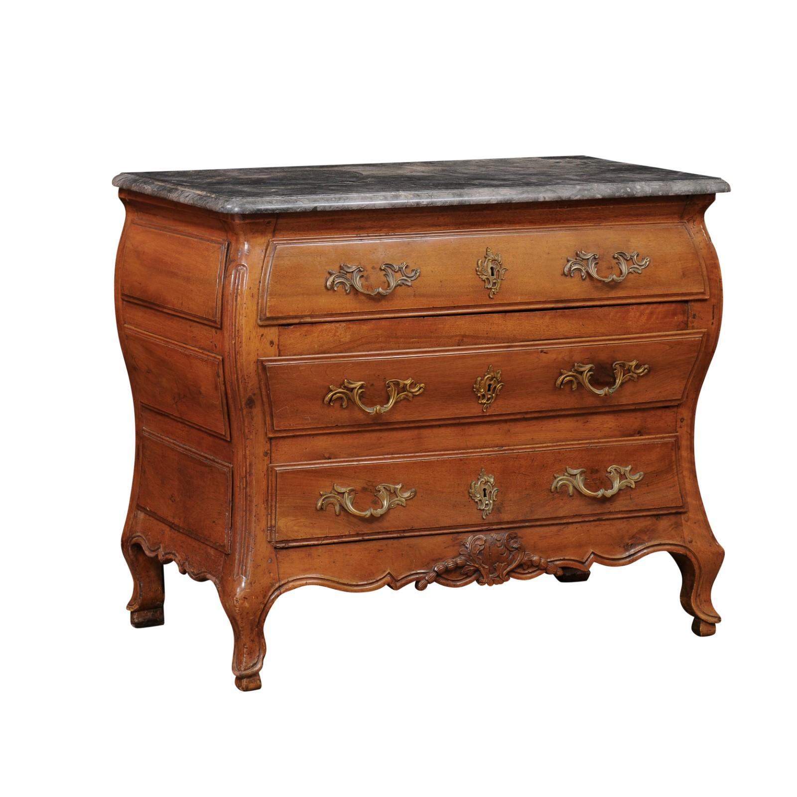 Mid 18th Century French Louis XV Walnut Commode with Bombe Form & Grey Marble Top