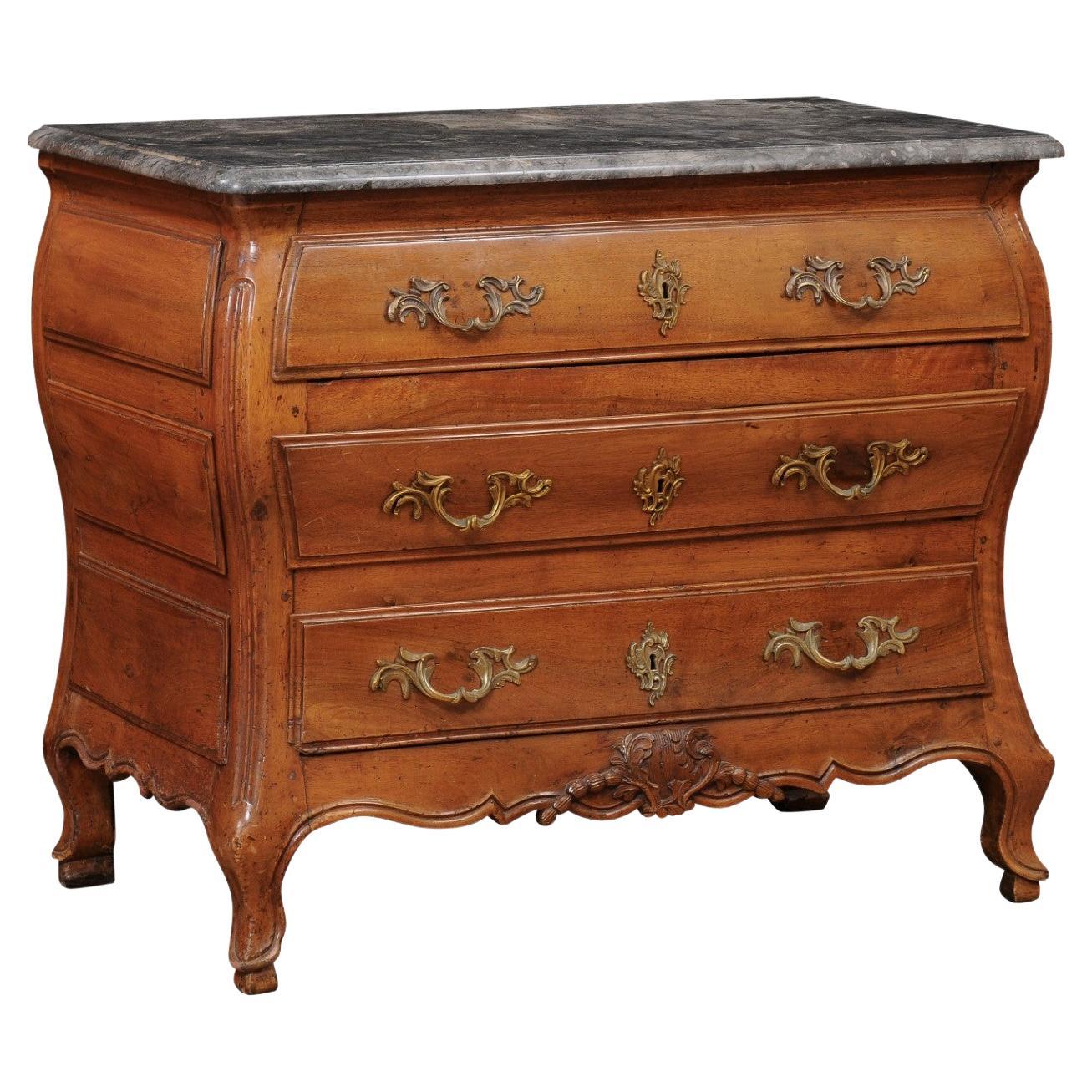  Mid 18th Century French Louis XV Walnut Commode w/ Bombe Form & Grey Marble Top
