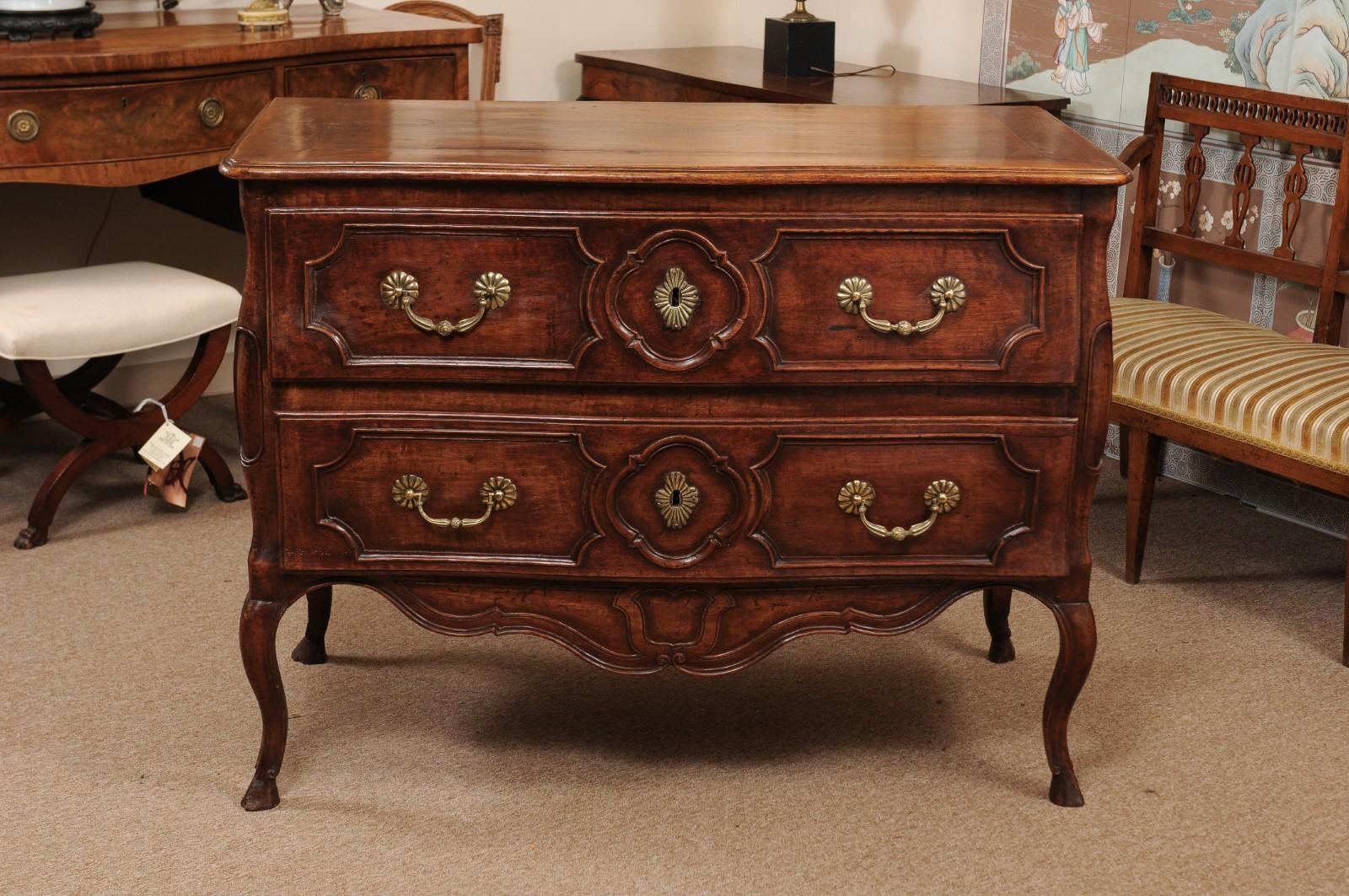 Mid-18th Century French Louis XV Walnut Commode with 2 drawers, Cabriole Legs, & Hoof Feet.