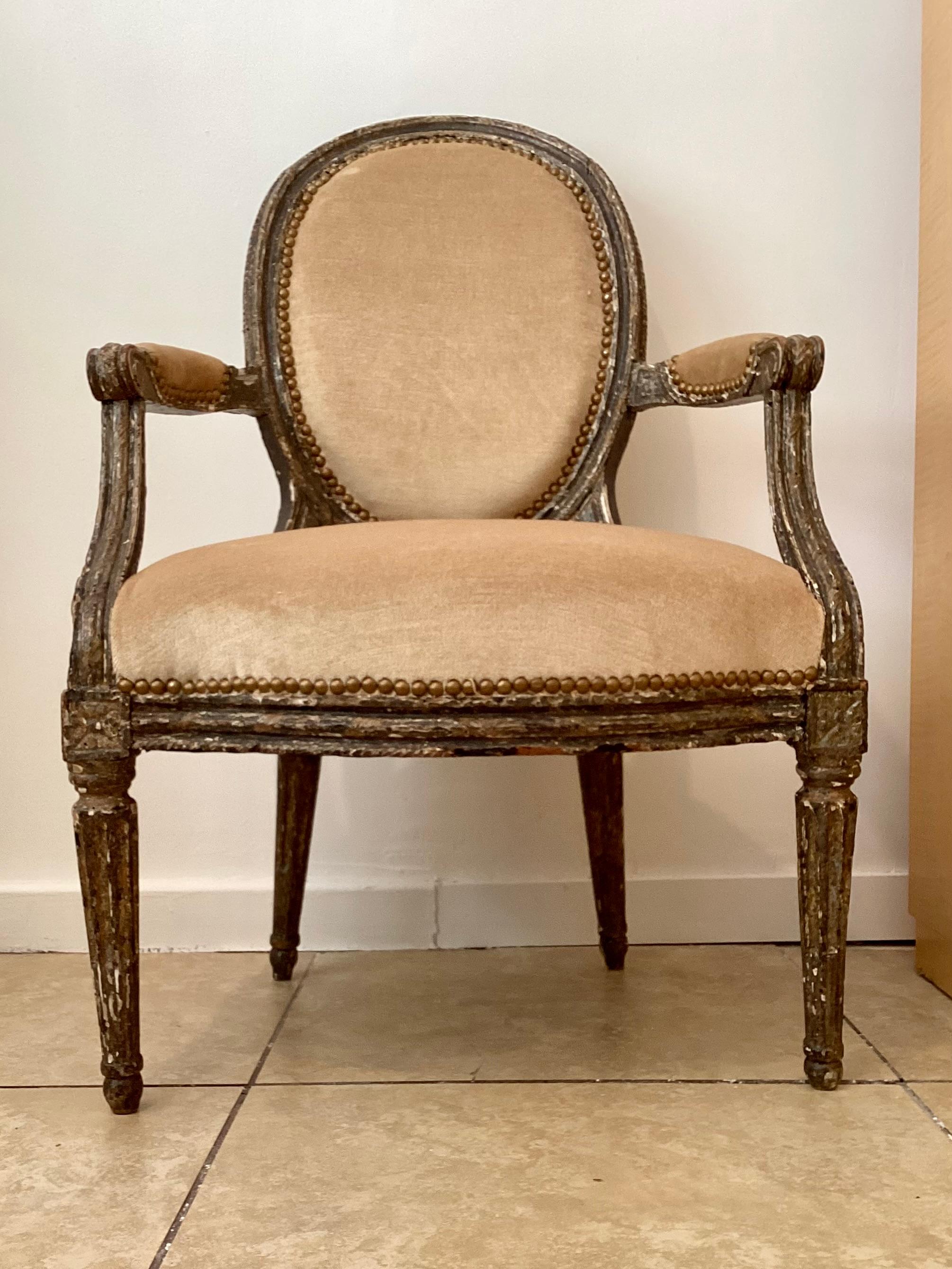 French 18th century Louis XVI fauteuil chair in new Todd Hase Silk Mohair upholstery. Original frame unaltered.
