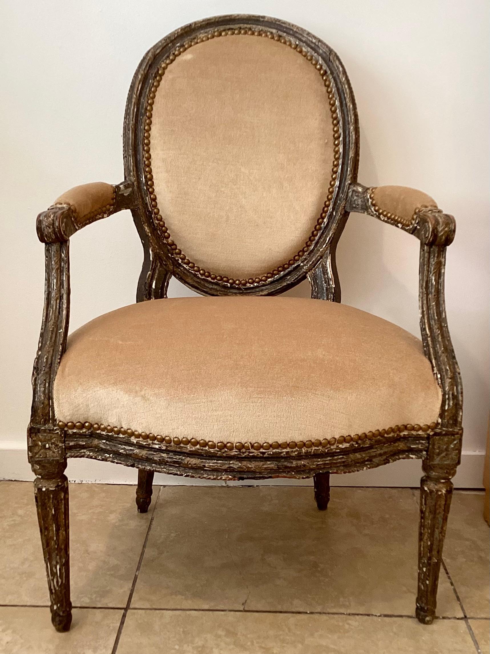 French Provincial Mid-18th Century French Louis XVI Fauteuil in Todd Hase Upholstery For Sale